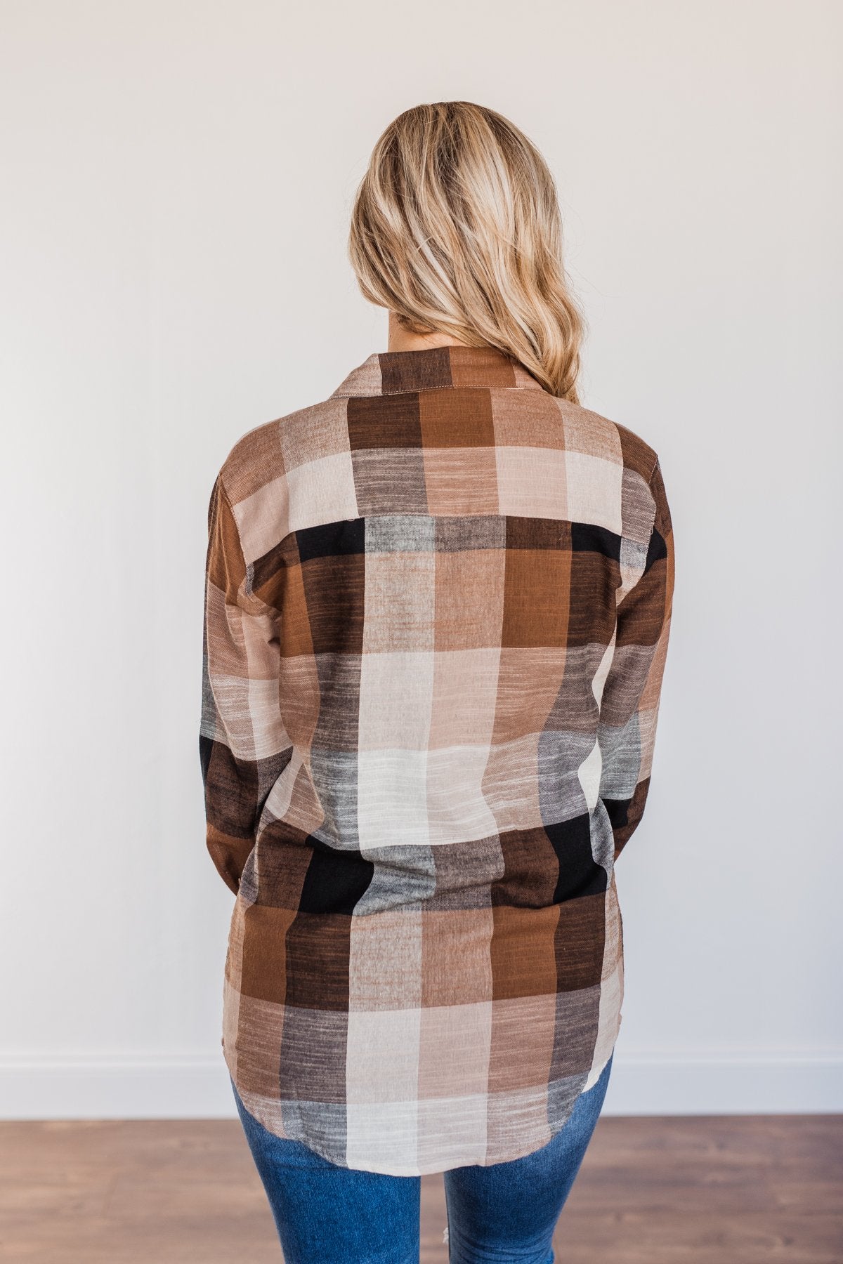 American Beauty Button Plaid Top- Brown & Taupe