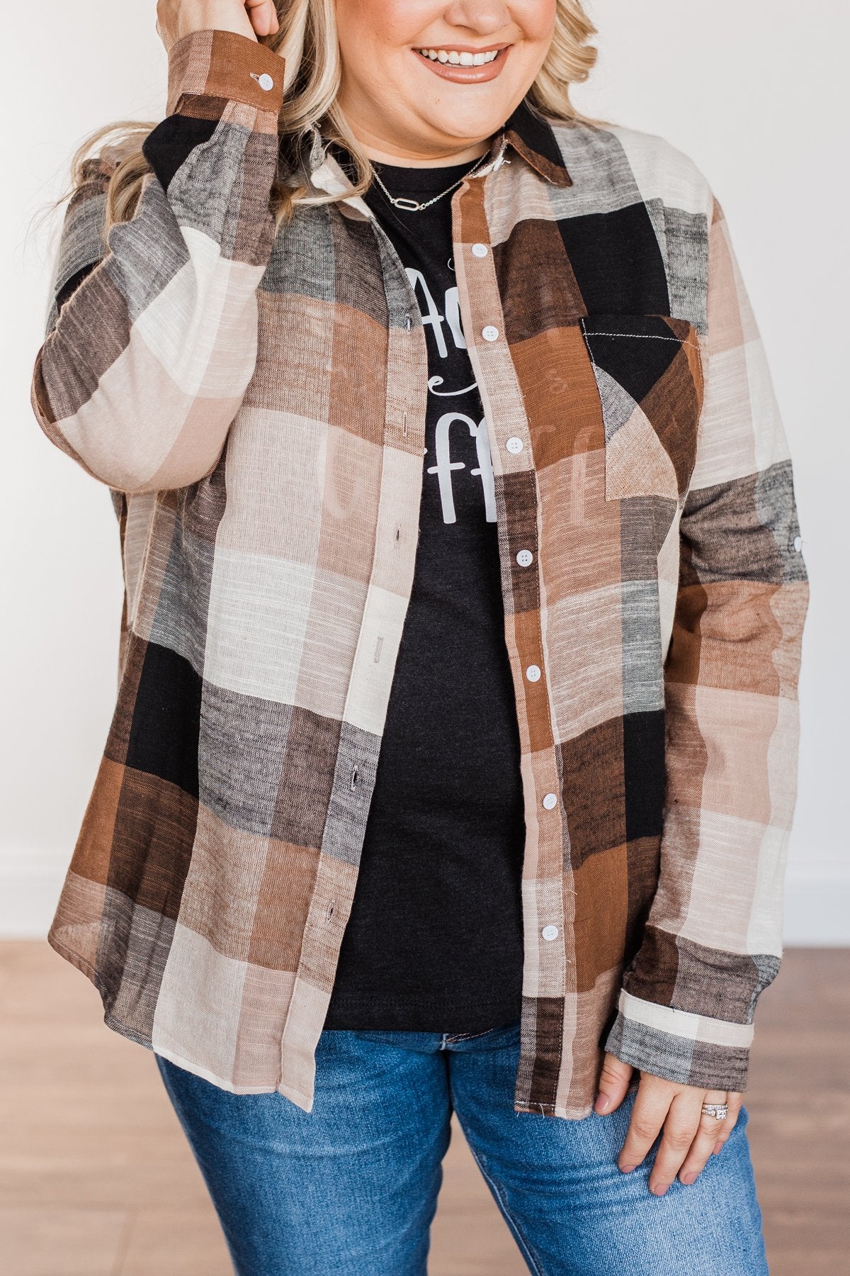 American Beauty Button Plaid Top- Brown & Taupe