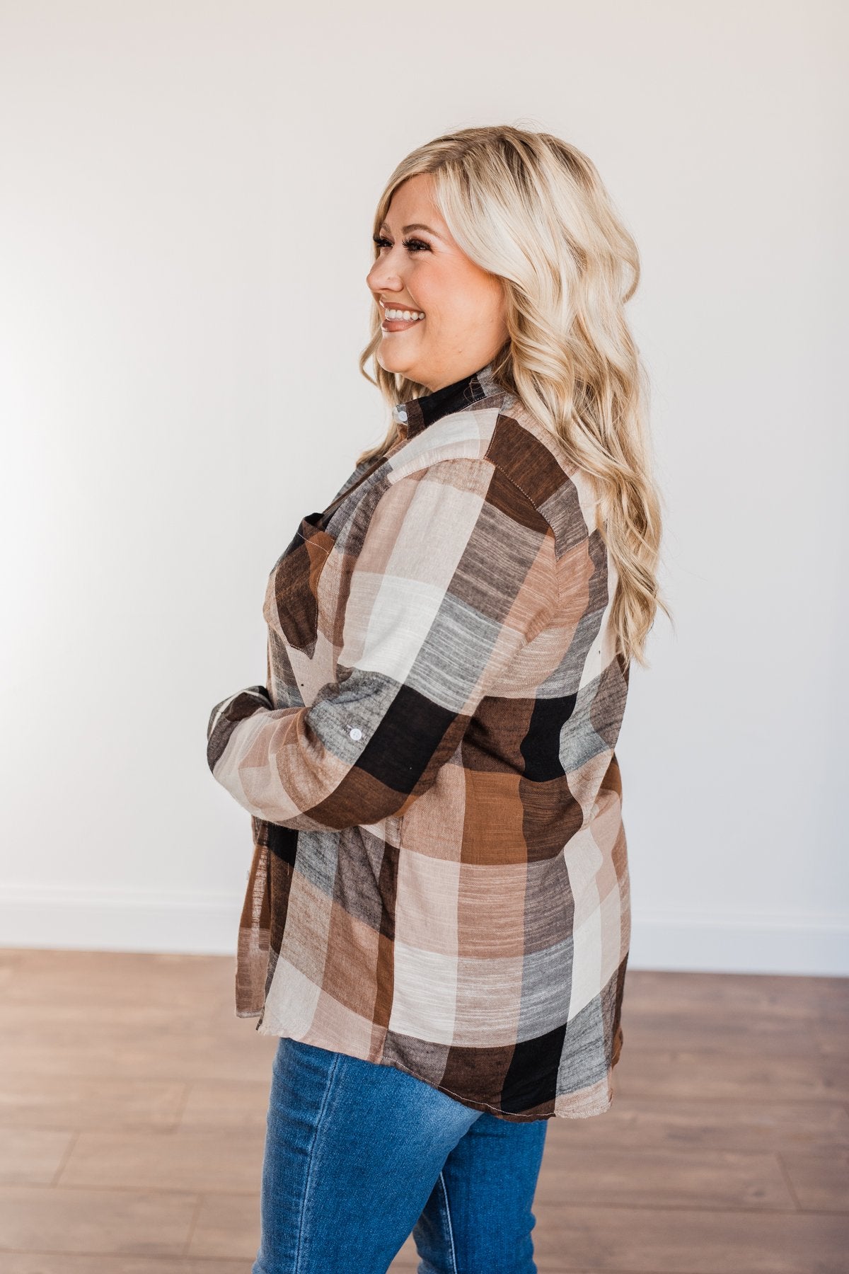 American Beauty Button Plaid Top- Brown & Taupe