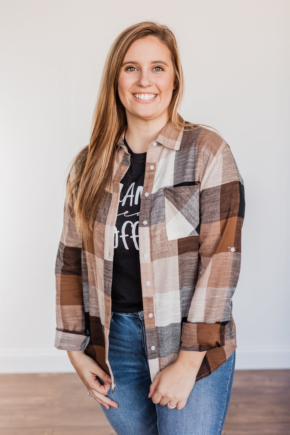 American Beauty Button Plaid Top- Brown & Taupe