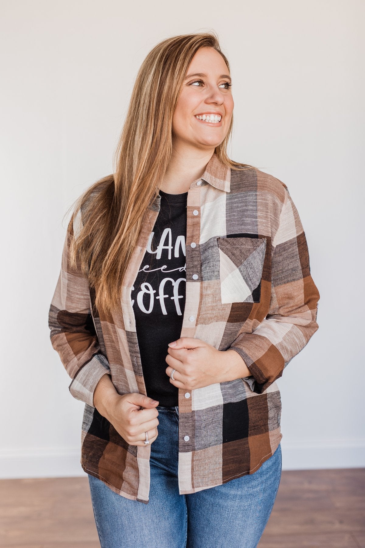American Beauty Button Plaid Top- Brown & Taupe