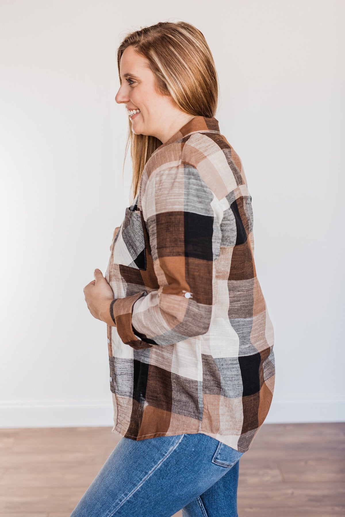 American Beauty Button Plaid Top- Brown & Taupe