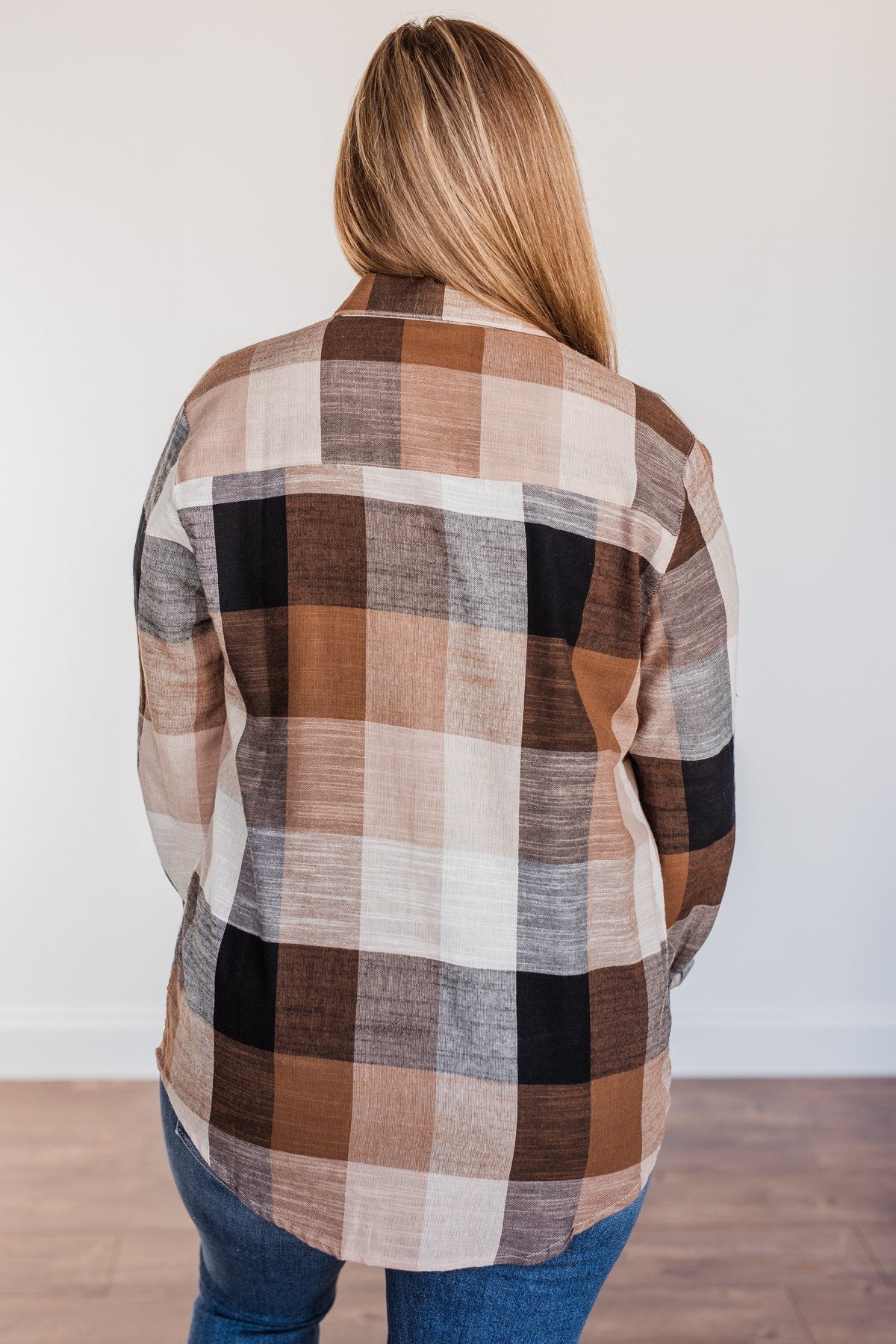 American Beauty Button Plaid Top- Brown & Taupe