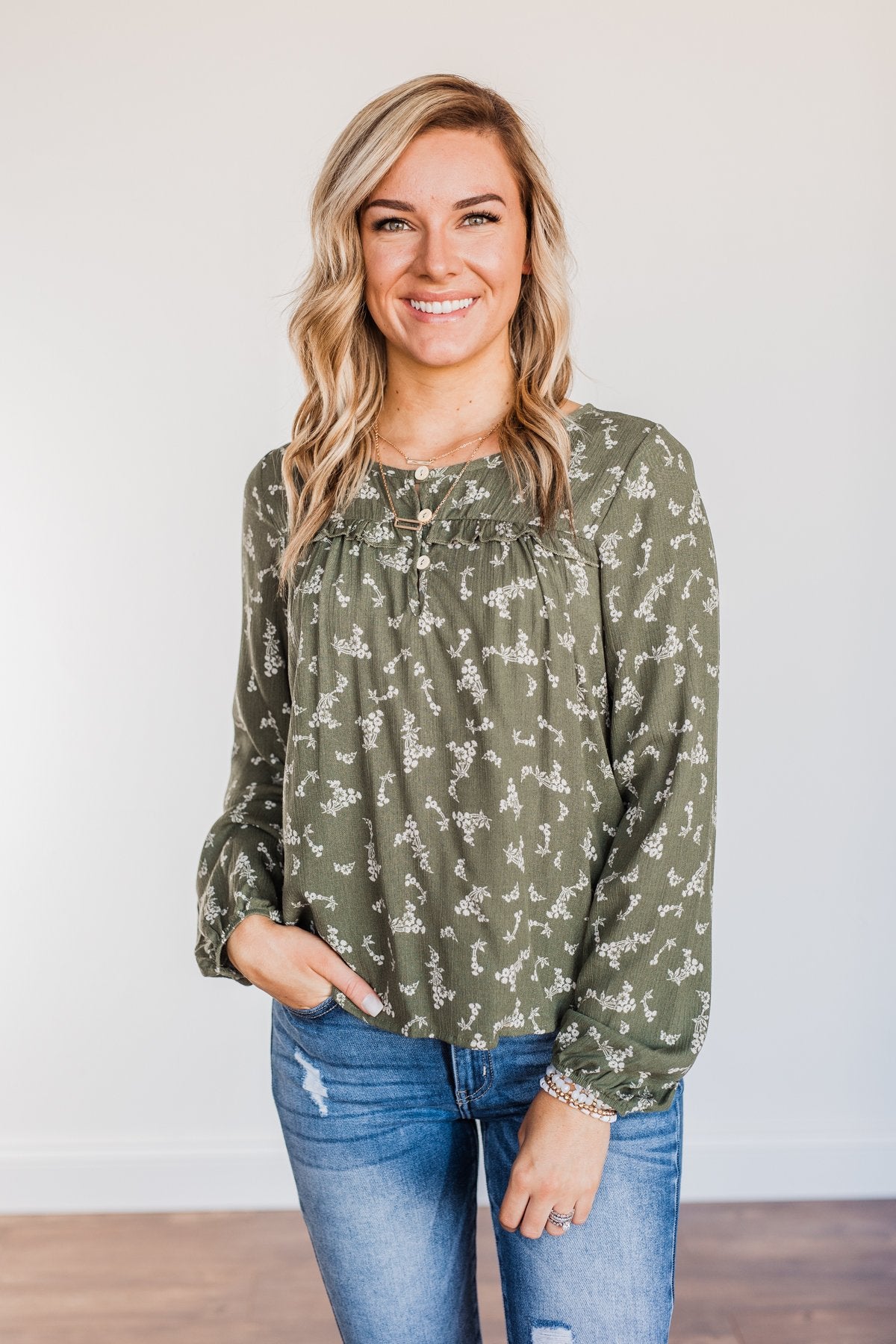 Perfect For You Floral Long Sleeve Blouse- Olive