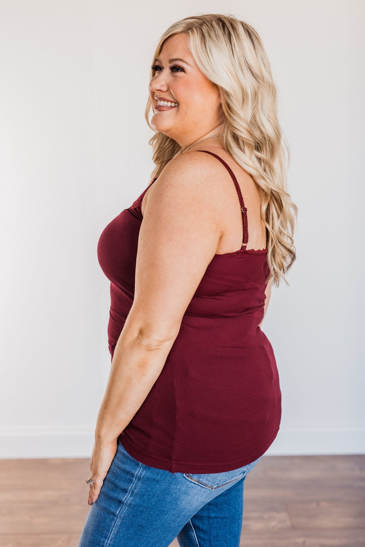 Pulse Basics Lace Trimmed Tank Top- Burgundy