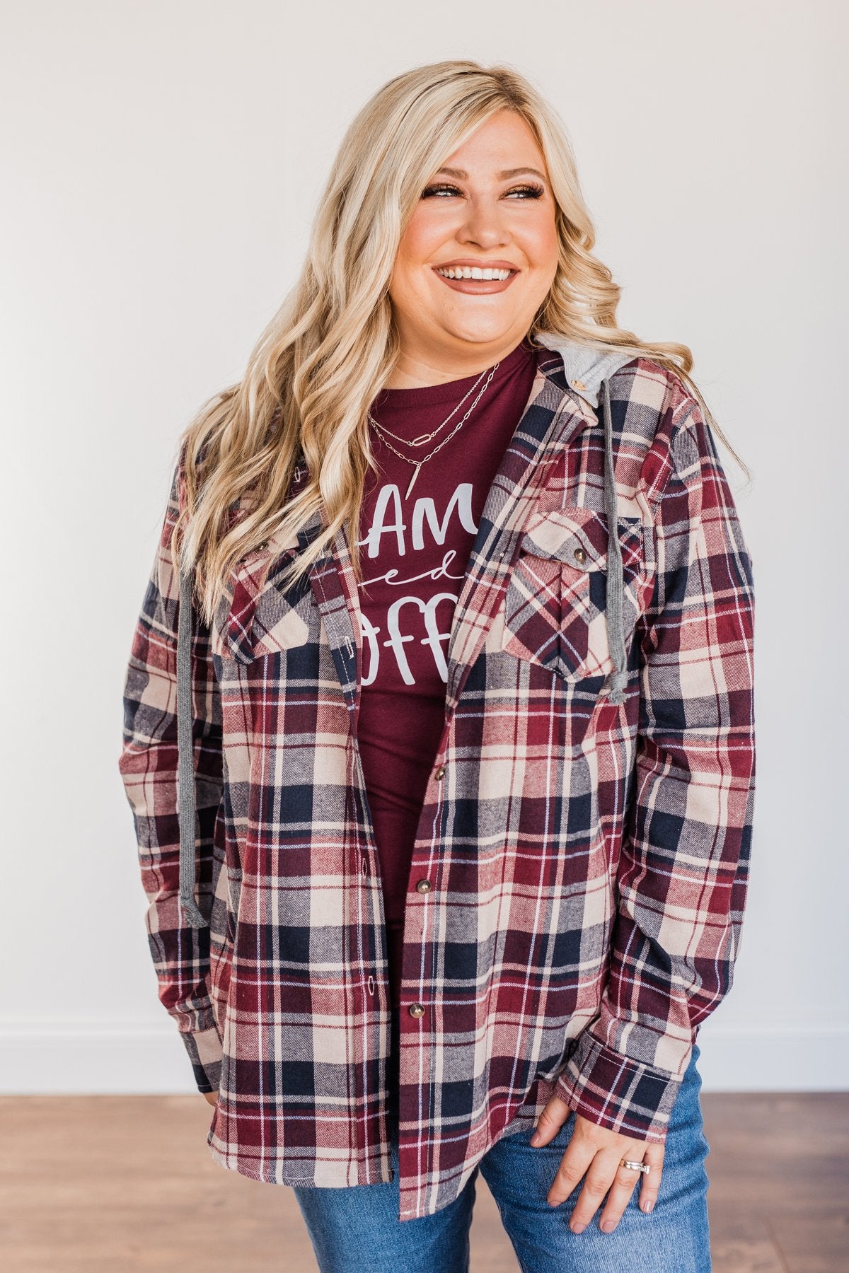 Stay With Me Hooded Plaid Top- Taupe, Navy & Cranberry