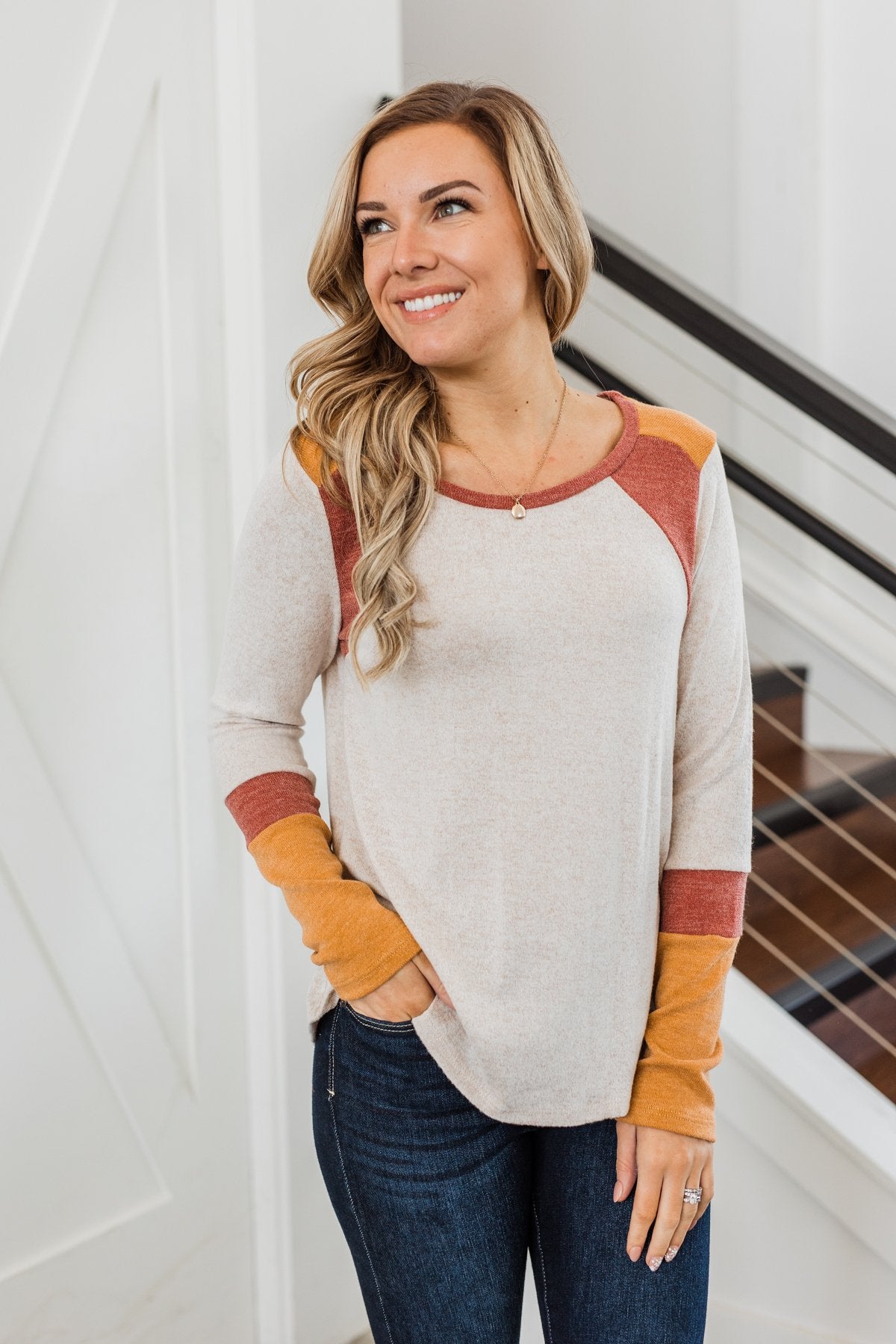 Fall Frenzy Long Sleeve Top- Oatmeal, Burnt Orange, & Rust