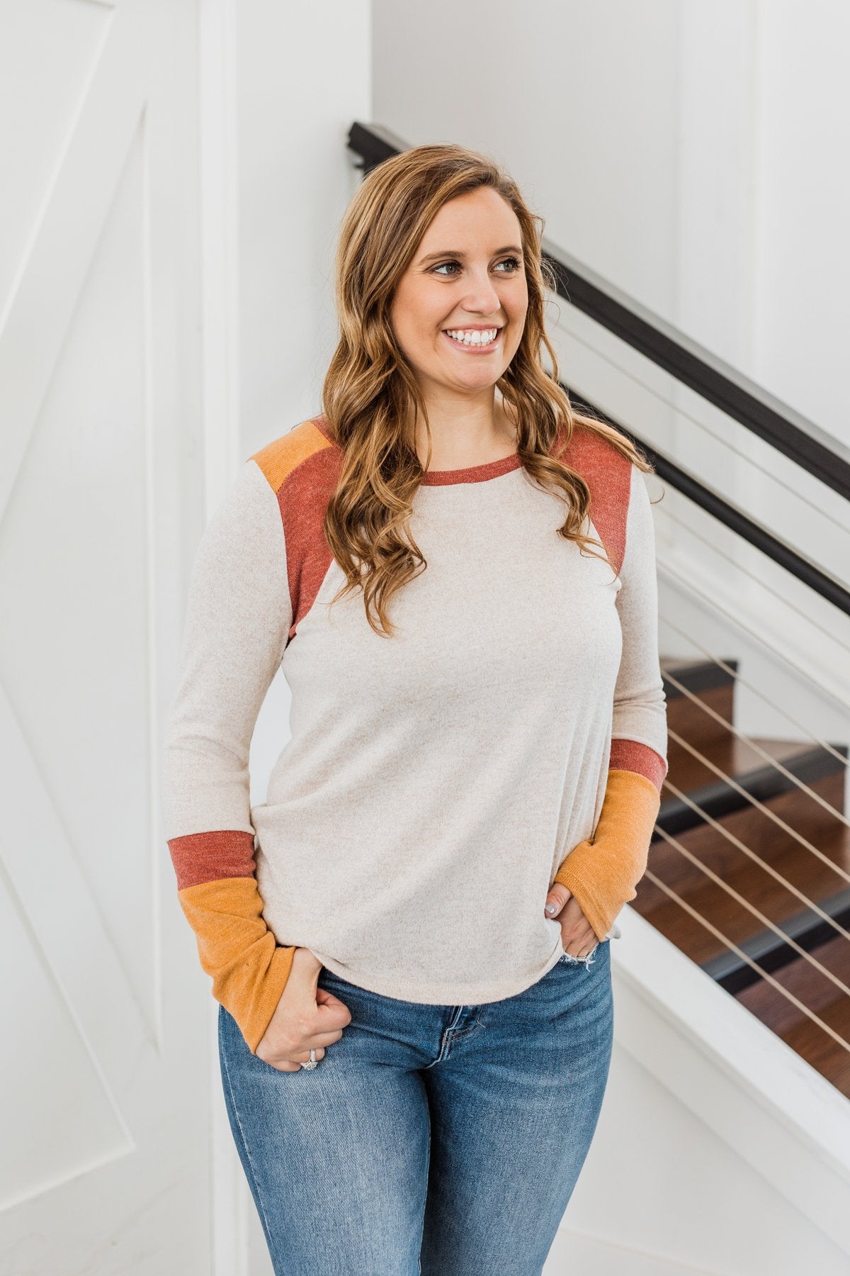 Fall Frenzy Long Sleeve Top- Oatmeal, Burnt Orange, & Rust