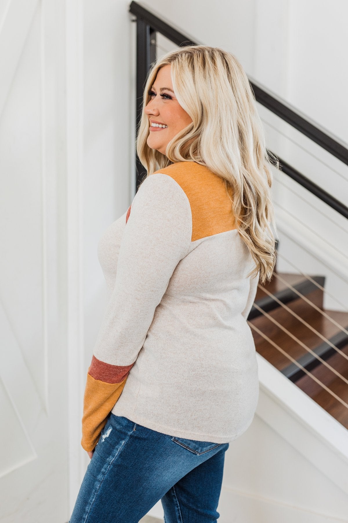 Fall Frenzy Long Sleeve Top- Oatmeal, Burnt Orange, & Rust