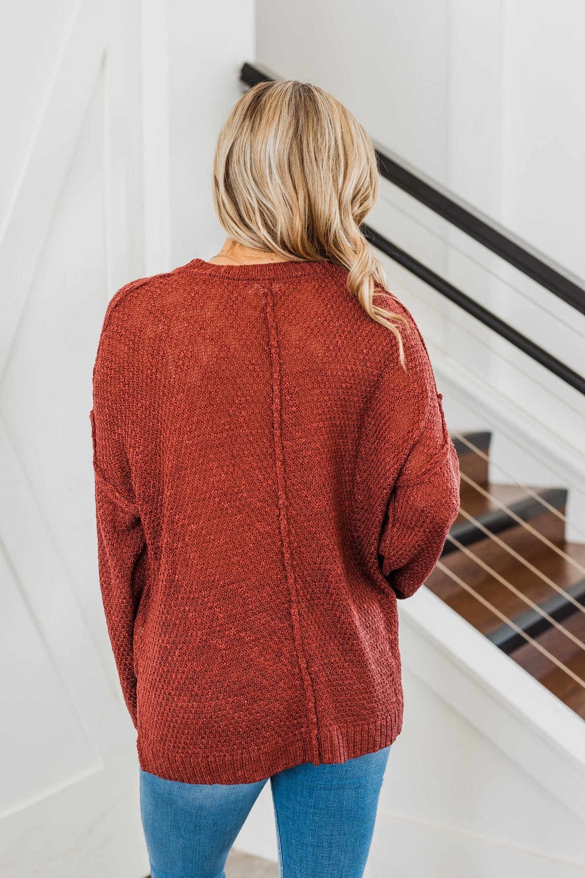 Rebellious Rose Knit Button Top- Dark Rust