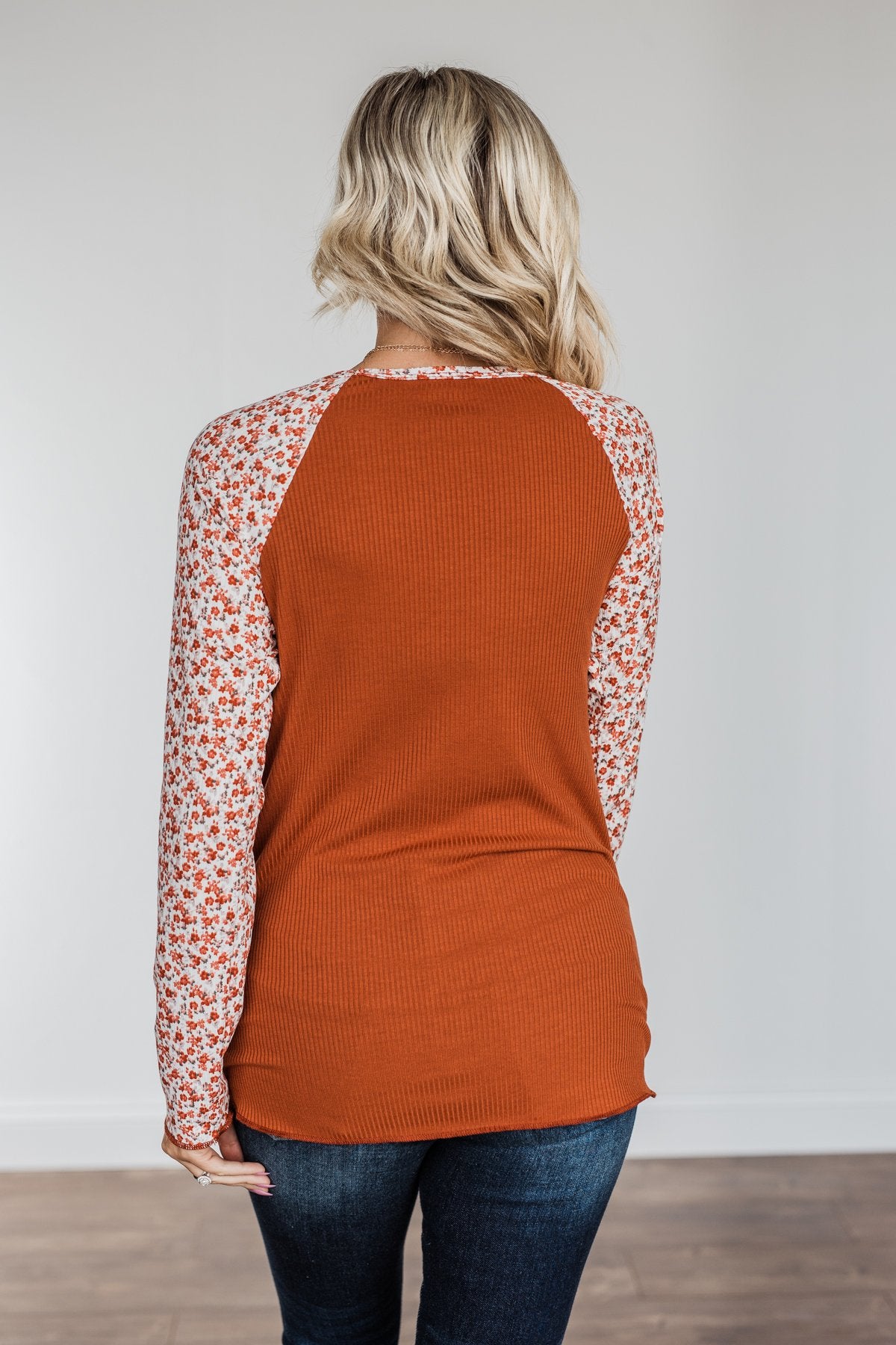 Decadent Life Floral Ribbed Knit Top- Rust