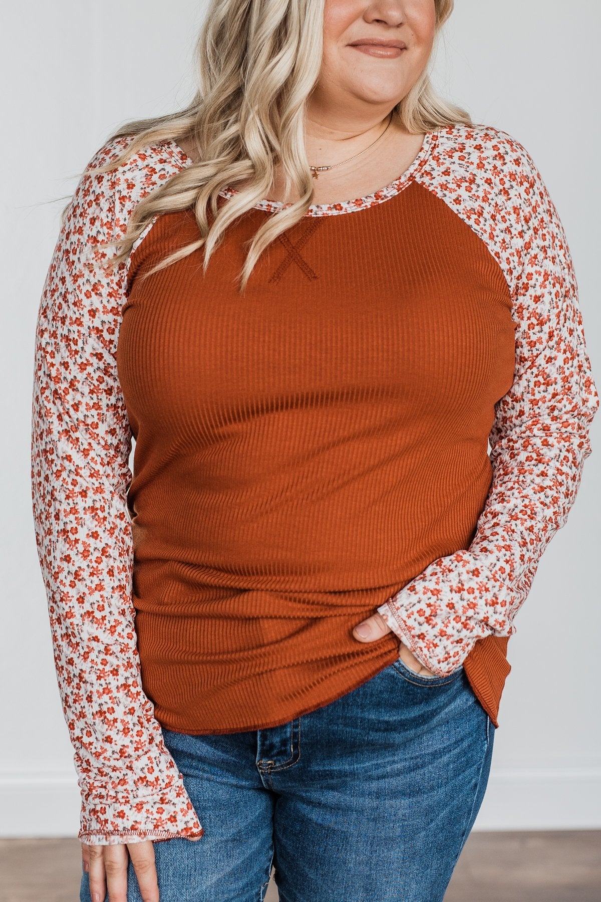 Decadent Life Floral Ribbed Knit Top- Rust