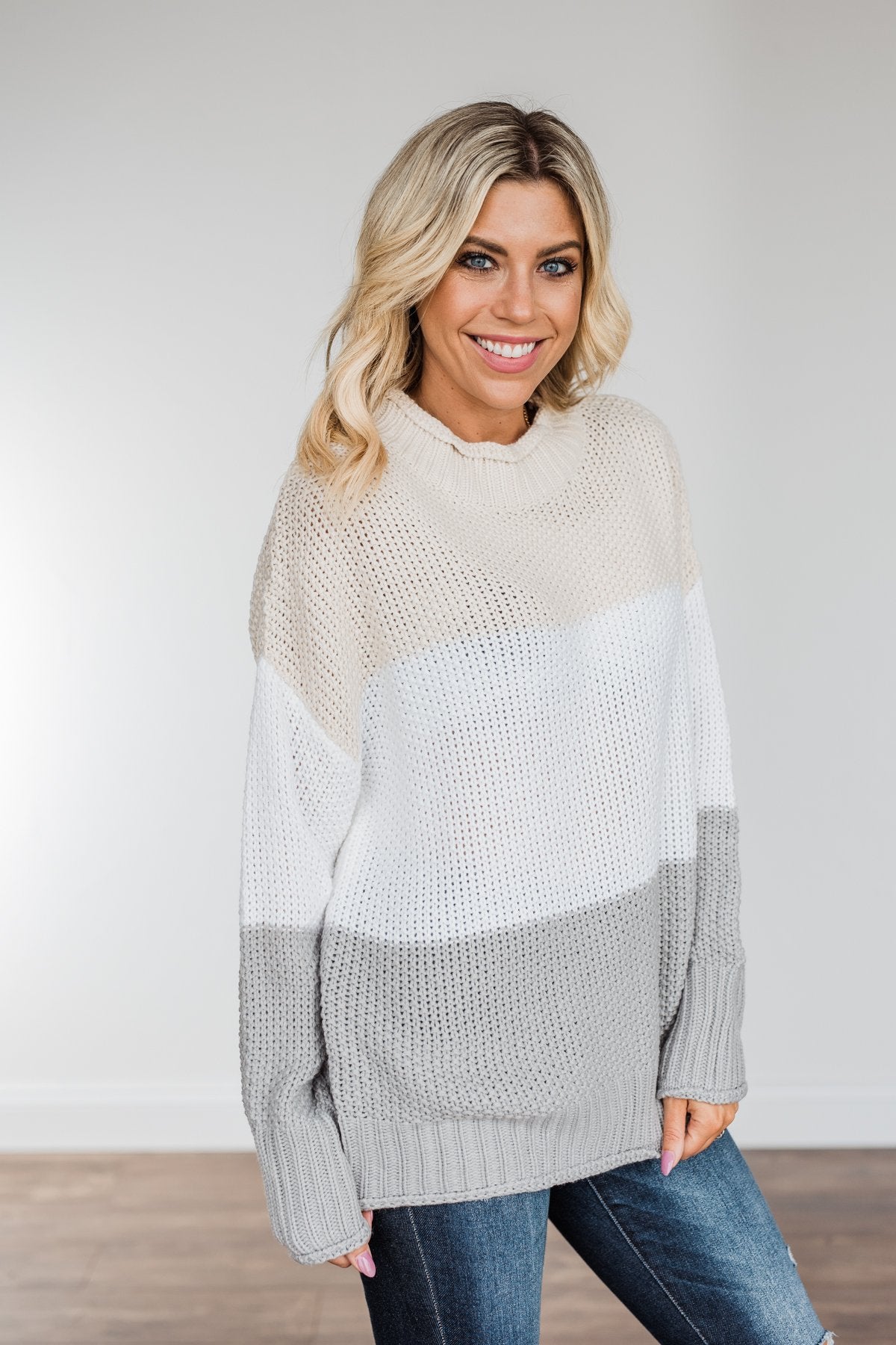 Warm & Toasty Color Block Knit Sweater- Beige & Grey