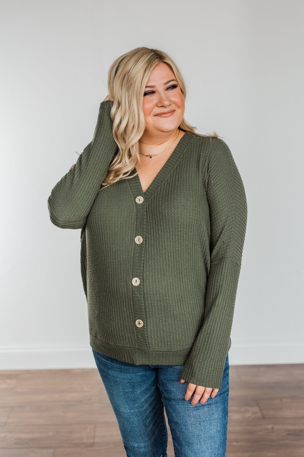 Turning A New Leaf Long Sleeve Waffle Knit Top- Army Green