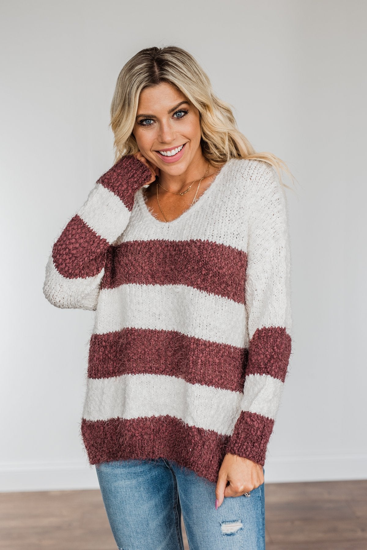 Burning Passion Striped Knit Sweater- Ivory & Burgundy