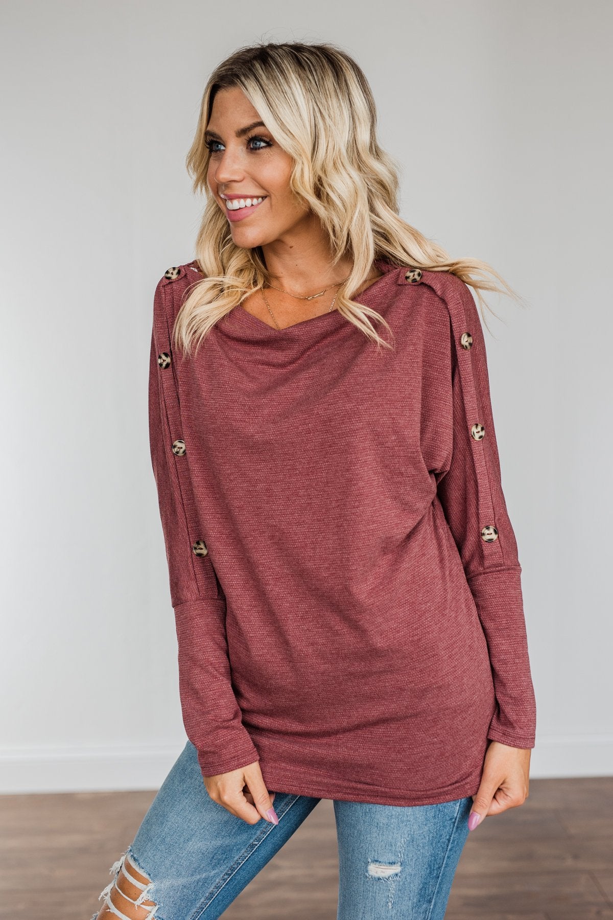 Buttoned Beauty Boat Neck Top- Wine