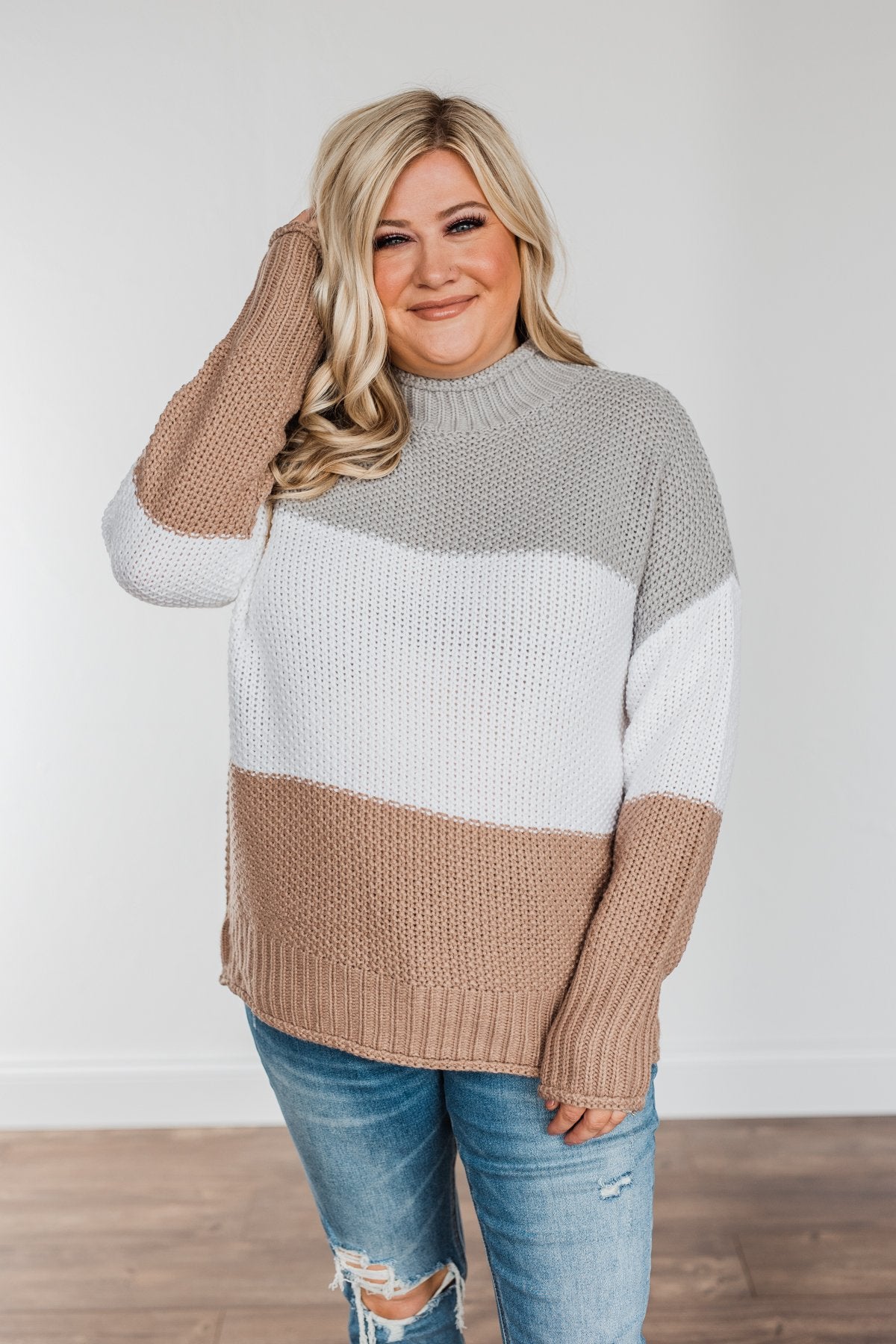 Warm & Toasty Color Block Knit Sweater- Grey & Mocha