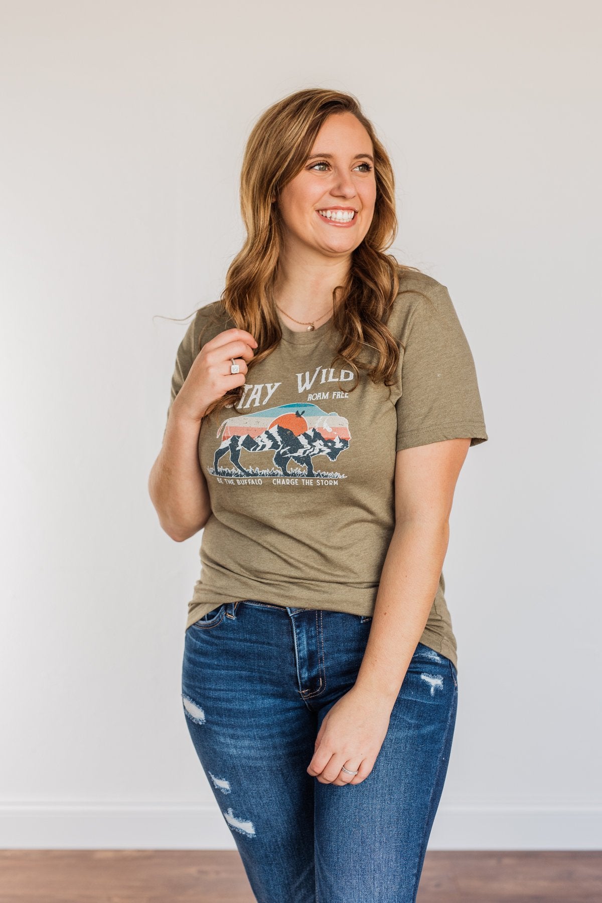 "Stay Wild. Roam Free" Buffalo Graphic Tee- Olive
