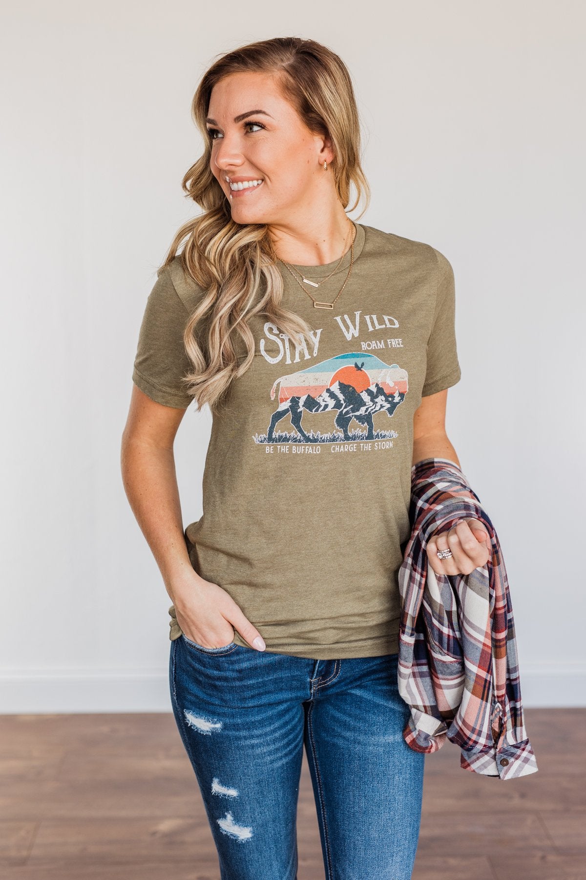 "Stay Wild. Roam Free" Buffalo Graphic Tee- Olive