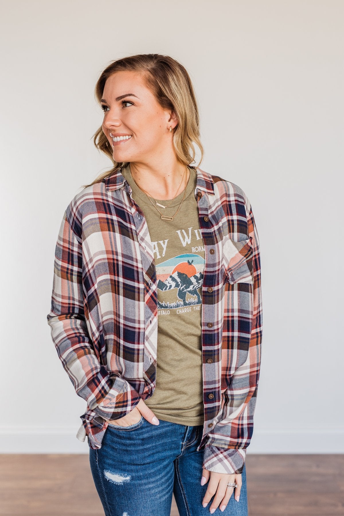 Thread & Supply Deep Feelings Plaid Top- Olive & Copper