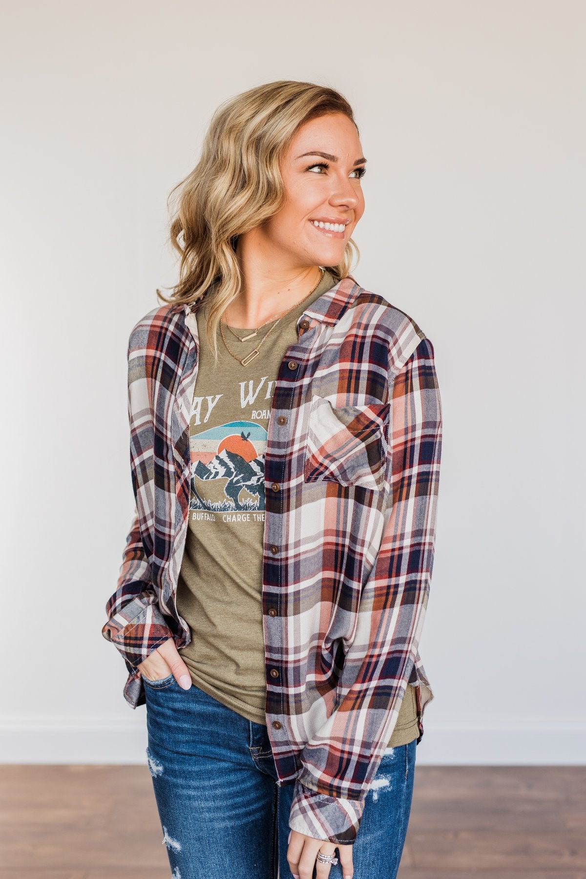 Thread & Supply Deep Feelings Plaid Top- Olive & Copper
