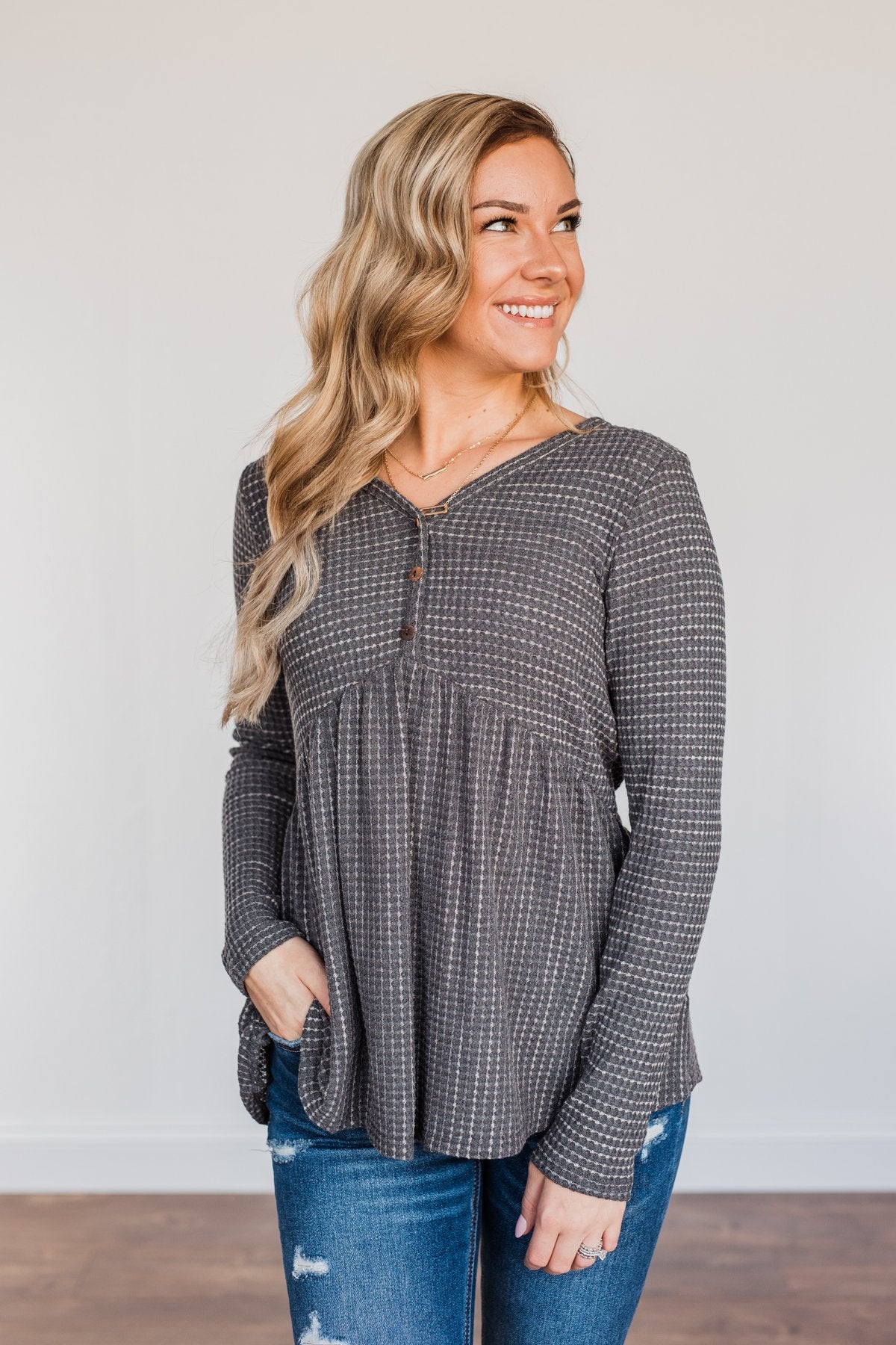Time Spent Together Babydoll Top- Charcoal