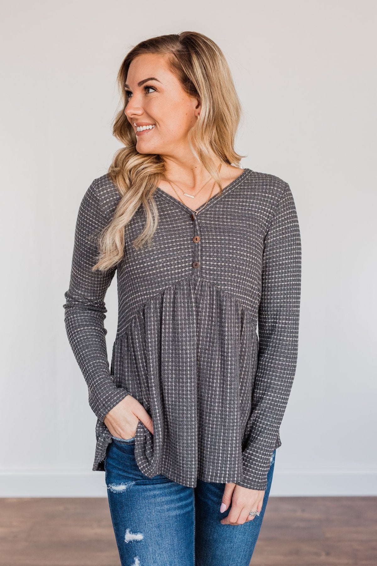 Time Spent Together Babydoll Top- Charcoal