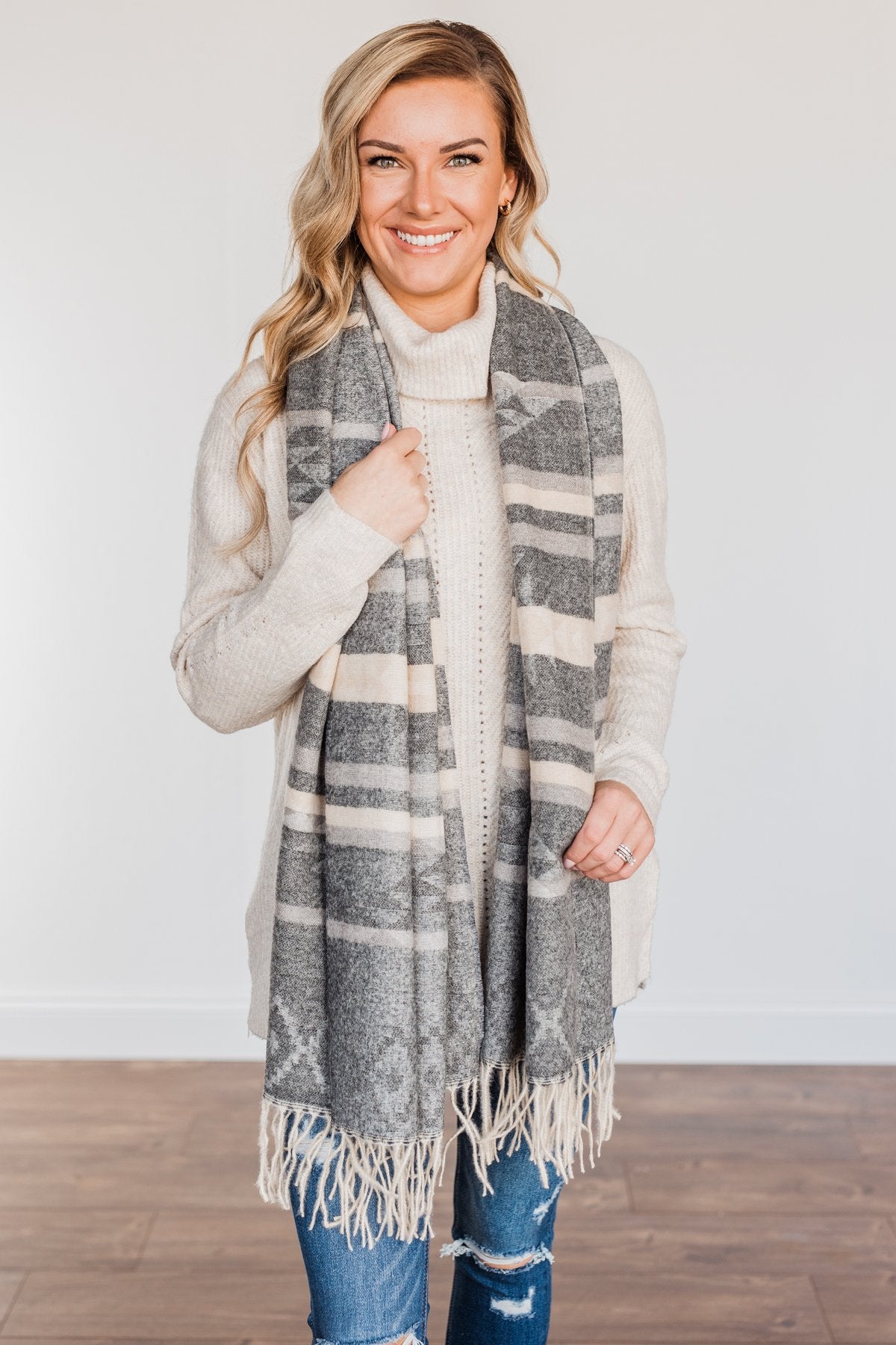 Setting Off Sparks Aztec Blanket Scarf- Charcoal