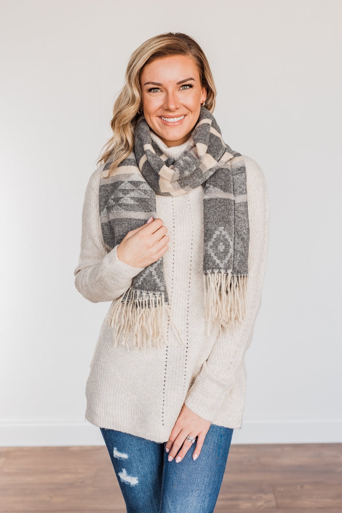 Setting Off Sparks Aztec Blanket Scarf- Charcoal