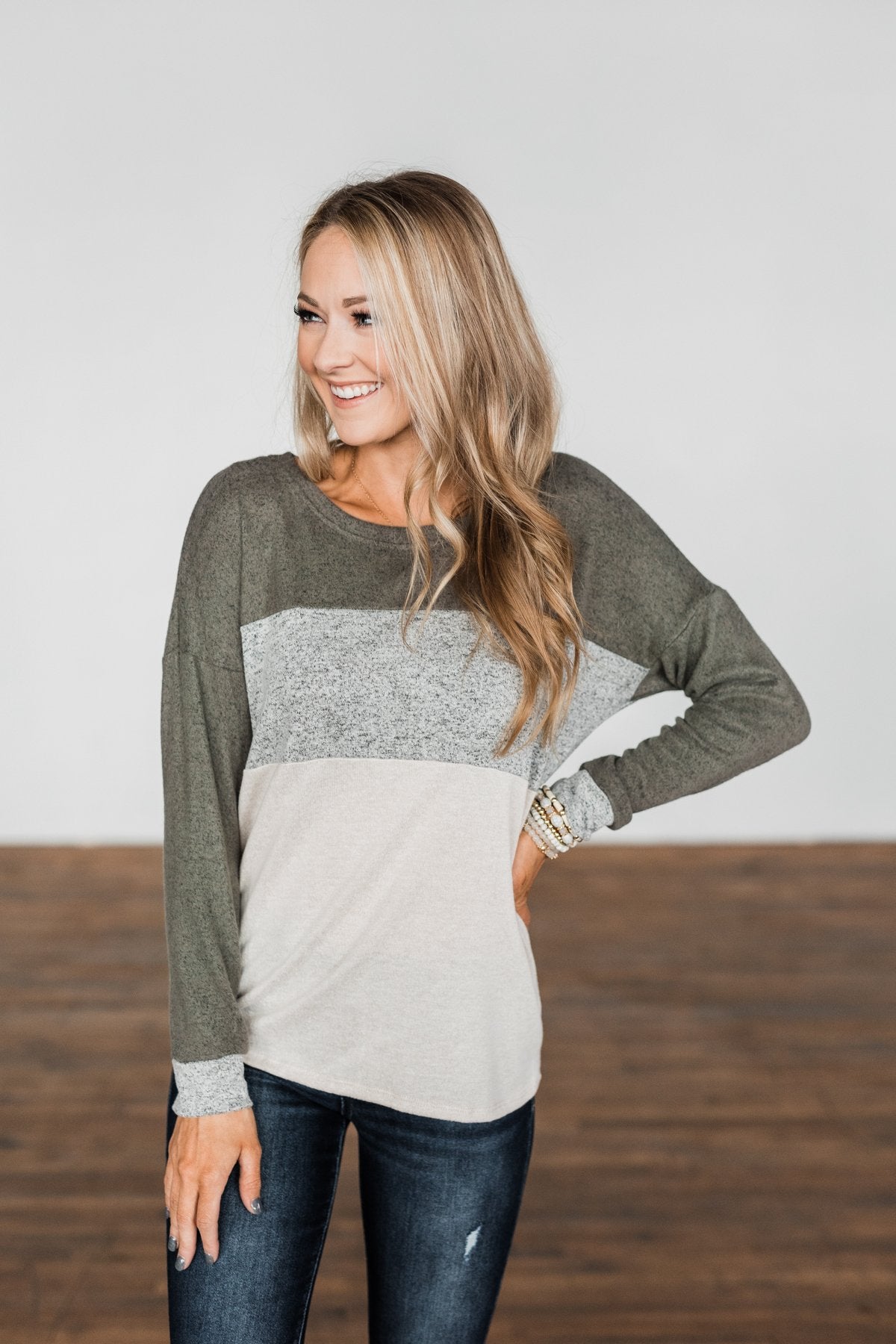 Fall Fever Color Block Top- Olive, Heather Grey, & Cream