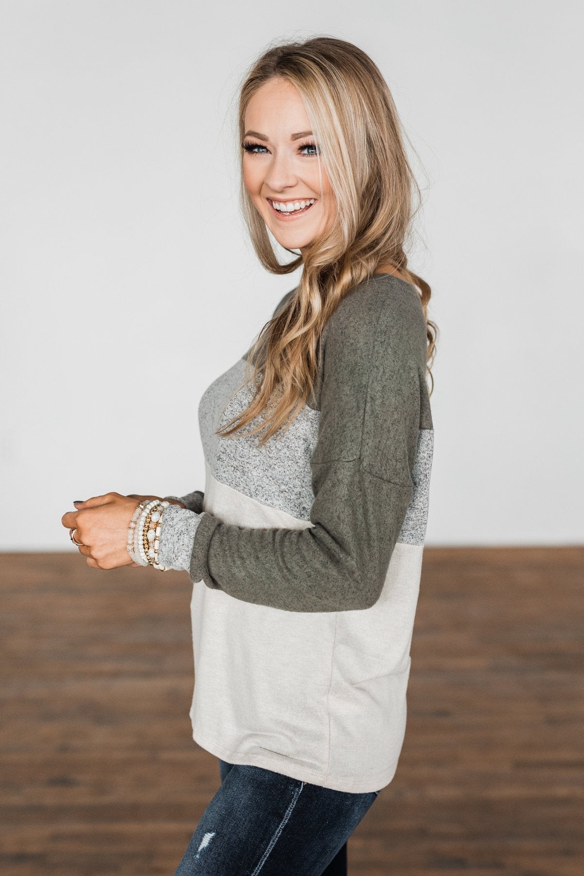 Fall Fever Color Block Top- Olive, Heather Grey, & Cream