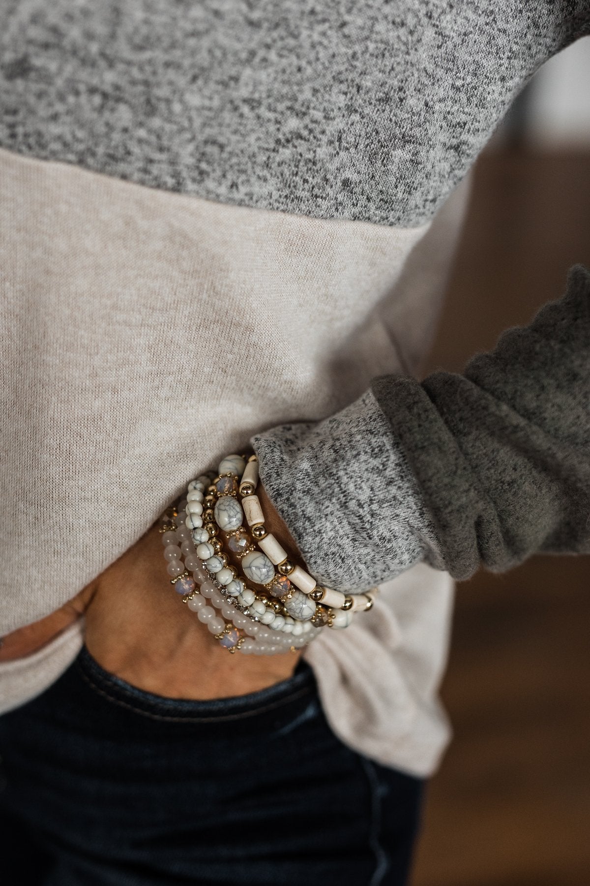 Always Elegant Beaded Bracelet Set- Cream & Gold
