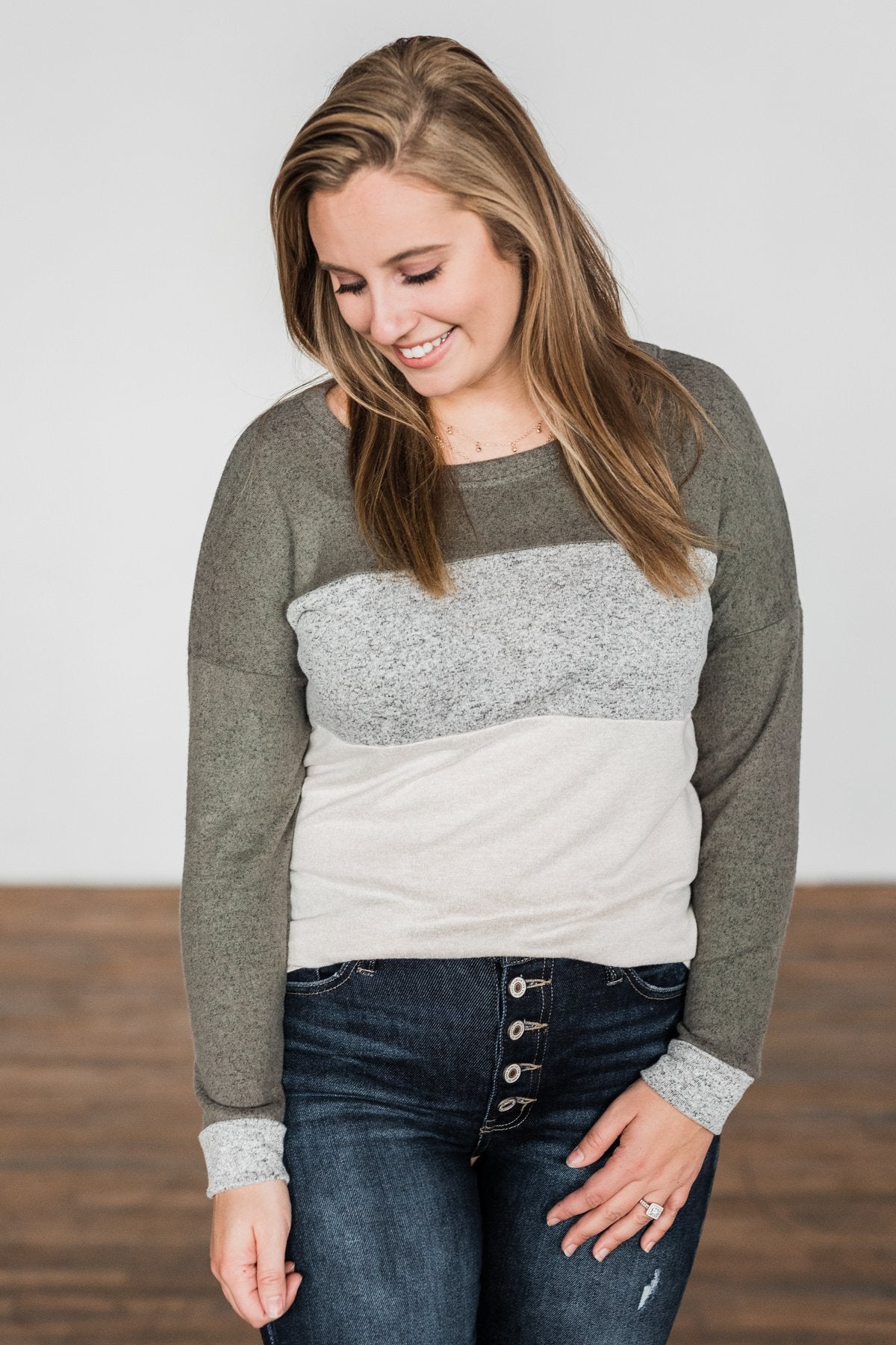 Fall Fever Color Block Top- Olive, Heather Grey, & Cream