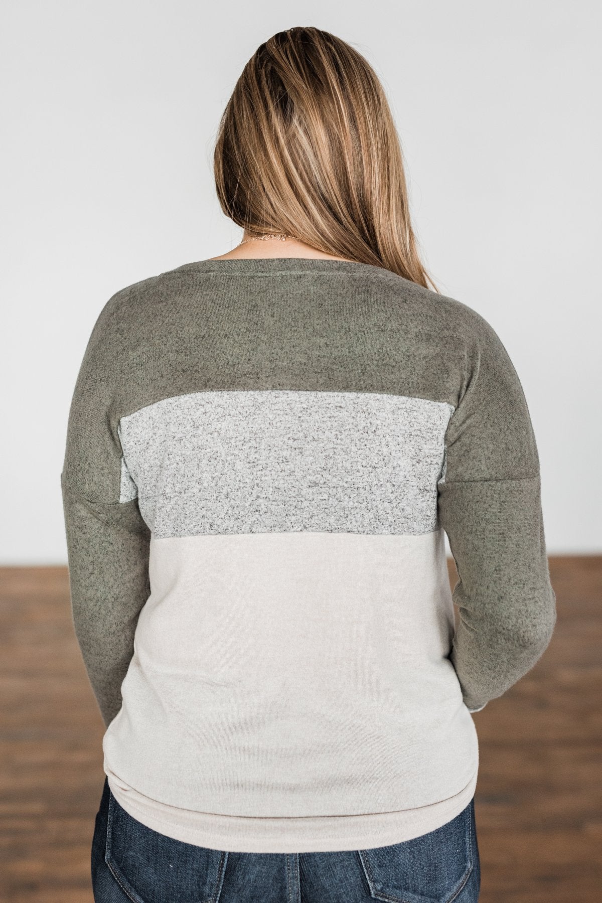 Fall Fever Color Block Top- Olive, Heather Grey, & Cream