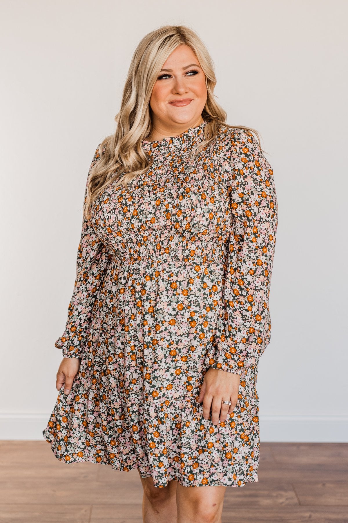 Dance The Night Away Smocked Floral Dress- Olive