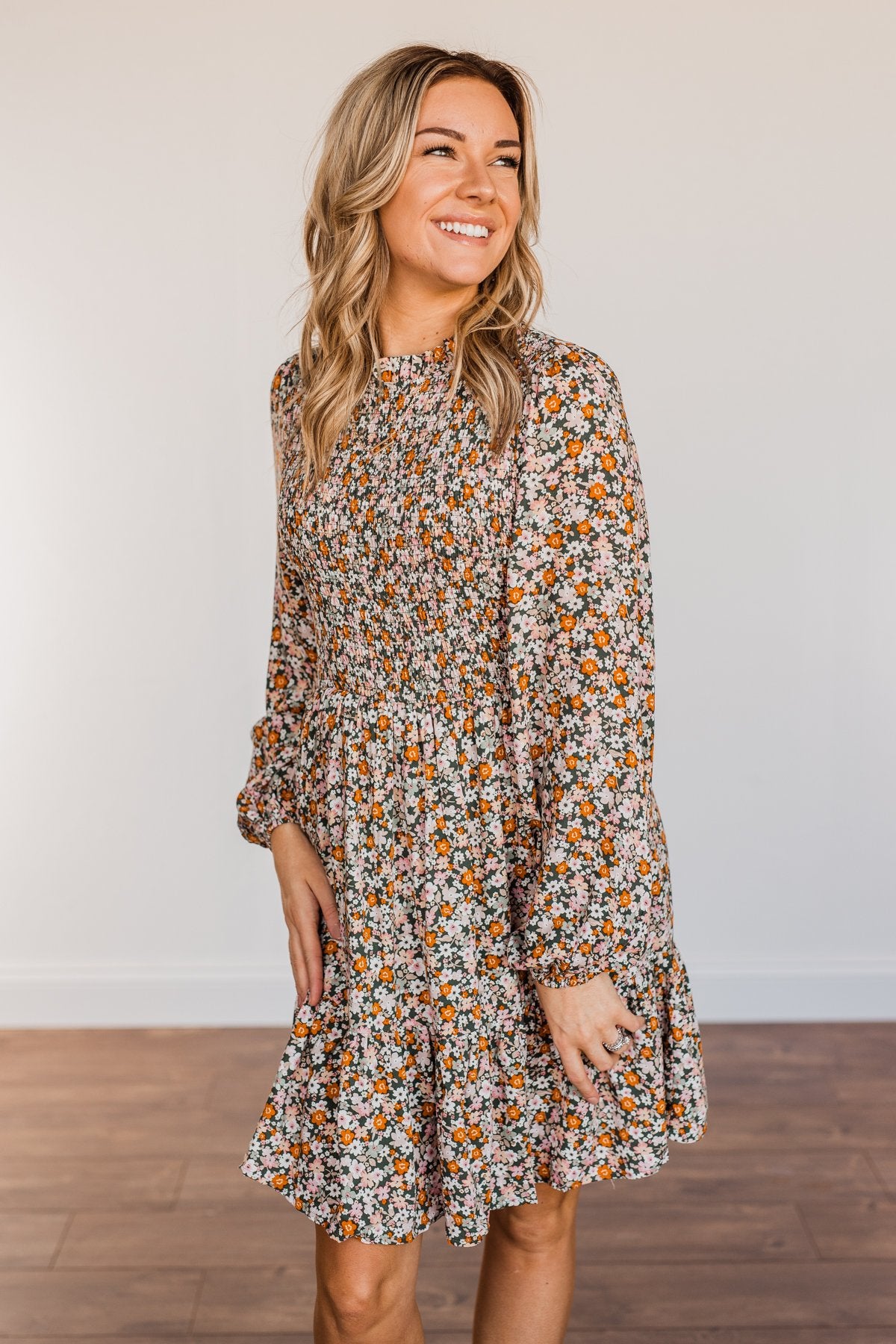 Dance The Night Away Smocked Floral Dress- Olive