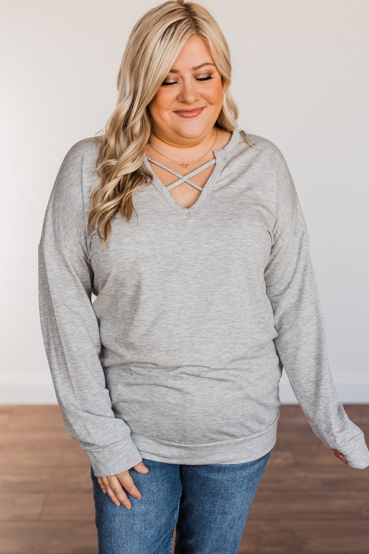 Just For Fun Criss Cross Long Sleeve Top- Grey