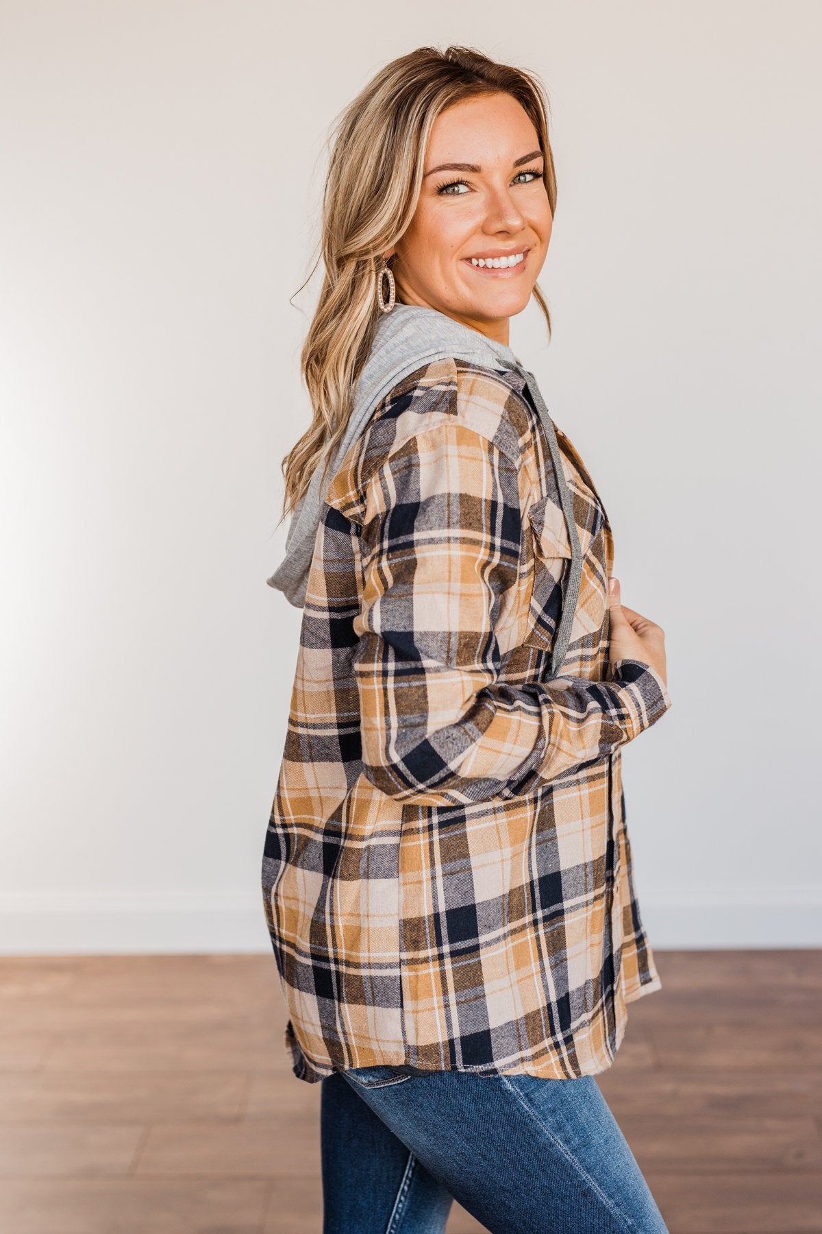 Stay With Me Hooded Plaid Top- Navy, Mustard, & Taupe