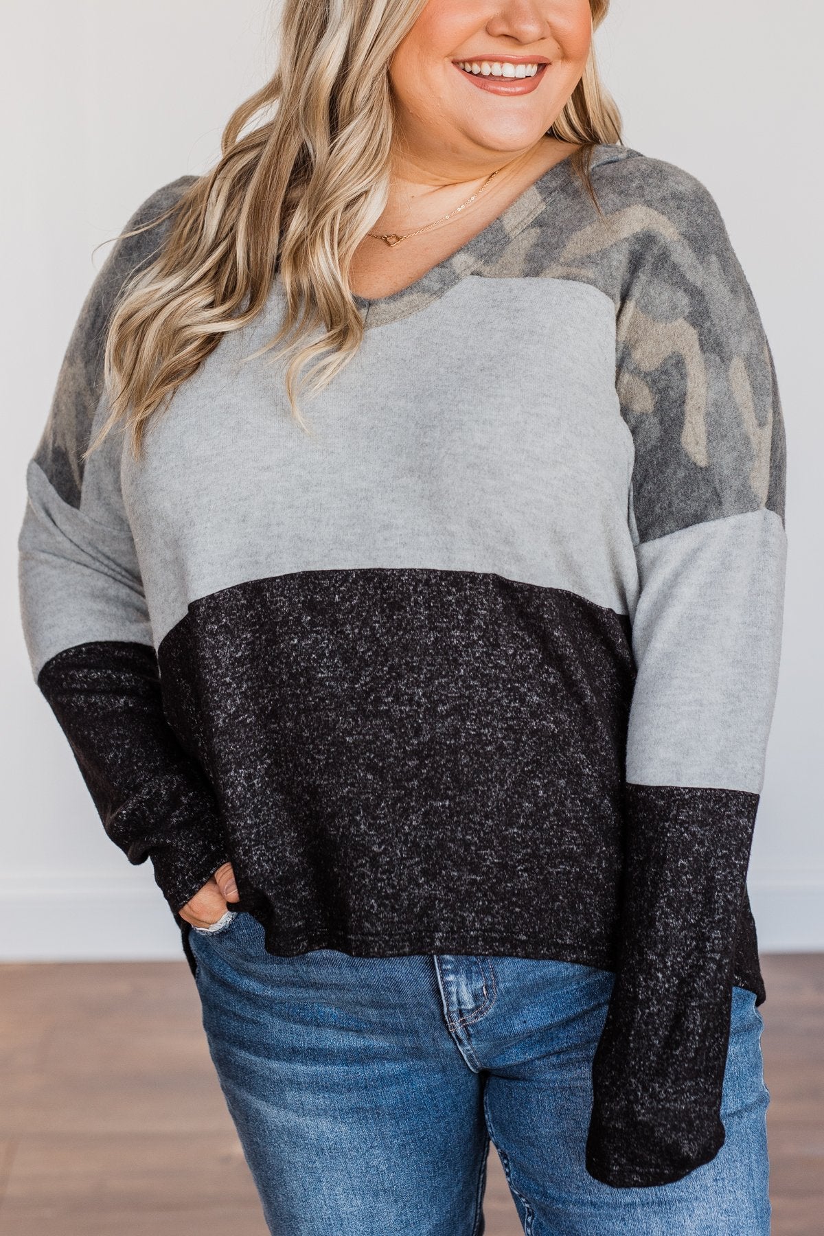 Keep Them Guessing Color Block Hoodie- Grey, Black, & Camo