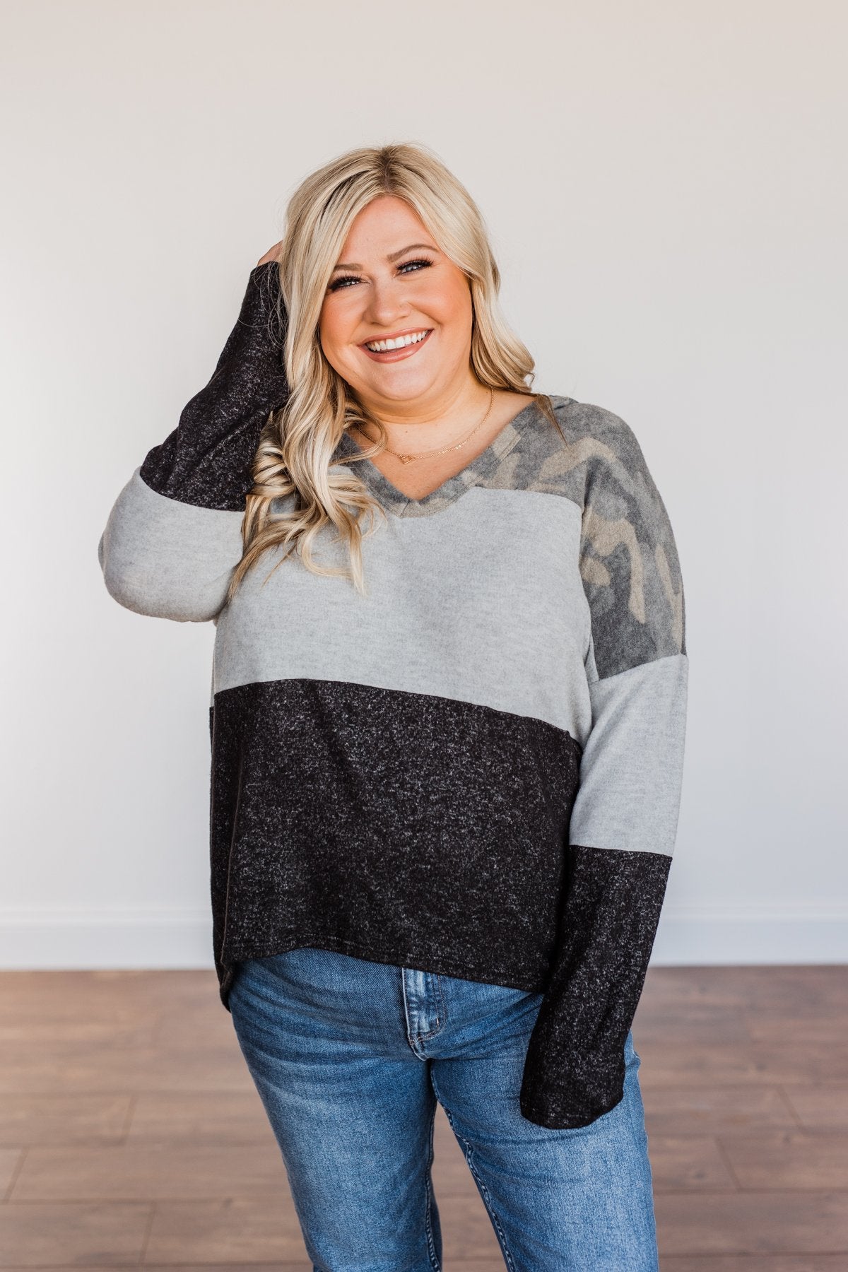 Keep Them Guessing Color Block Hoodie- Grey, Black, & Camo