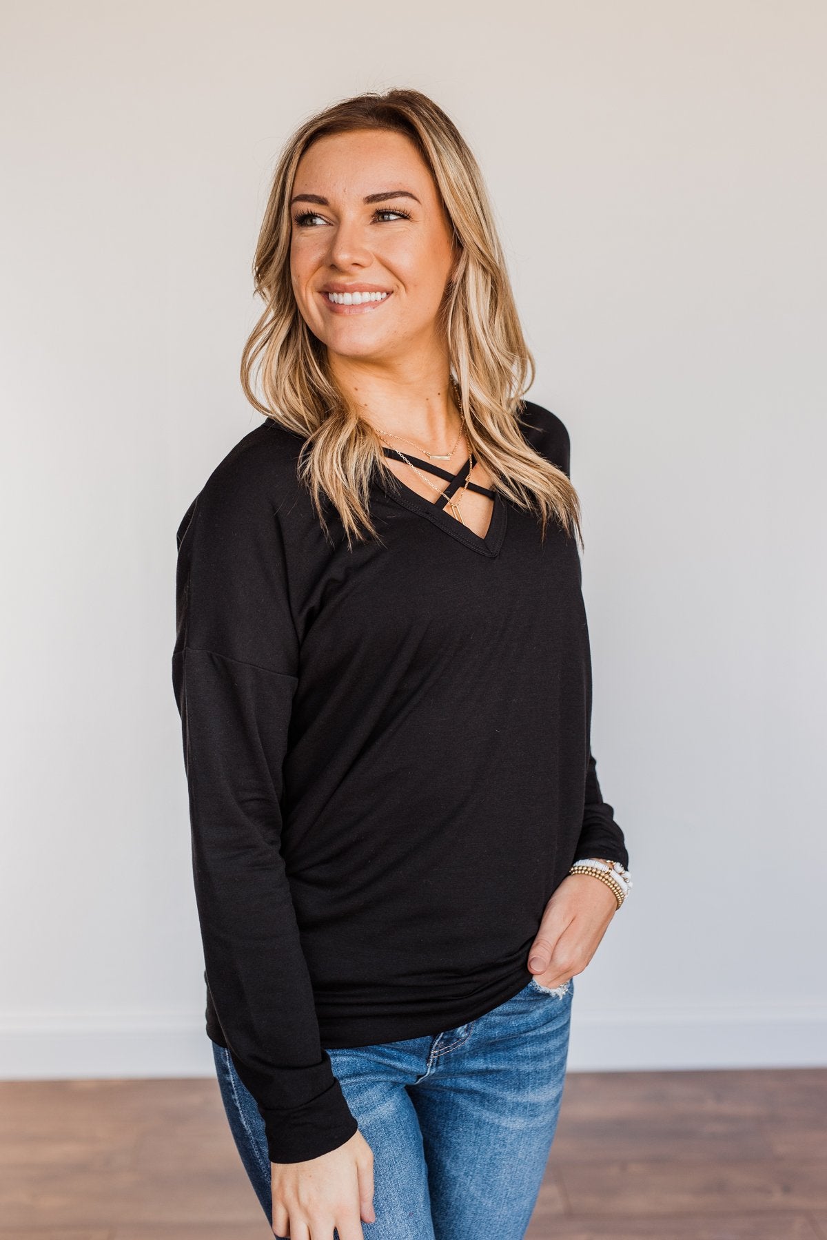 Just For Fun Criss Cross Long Sleeve Top- Black