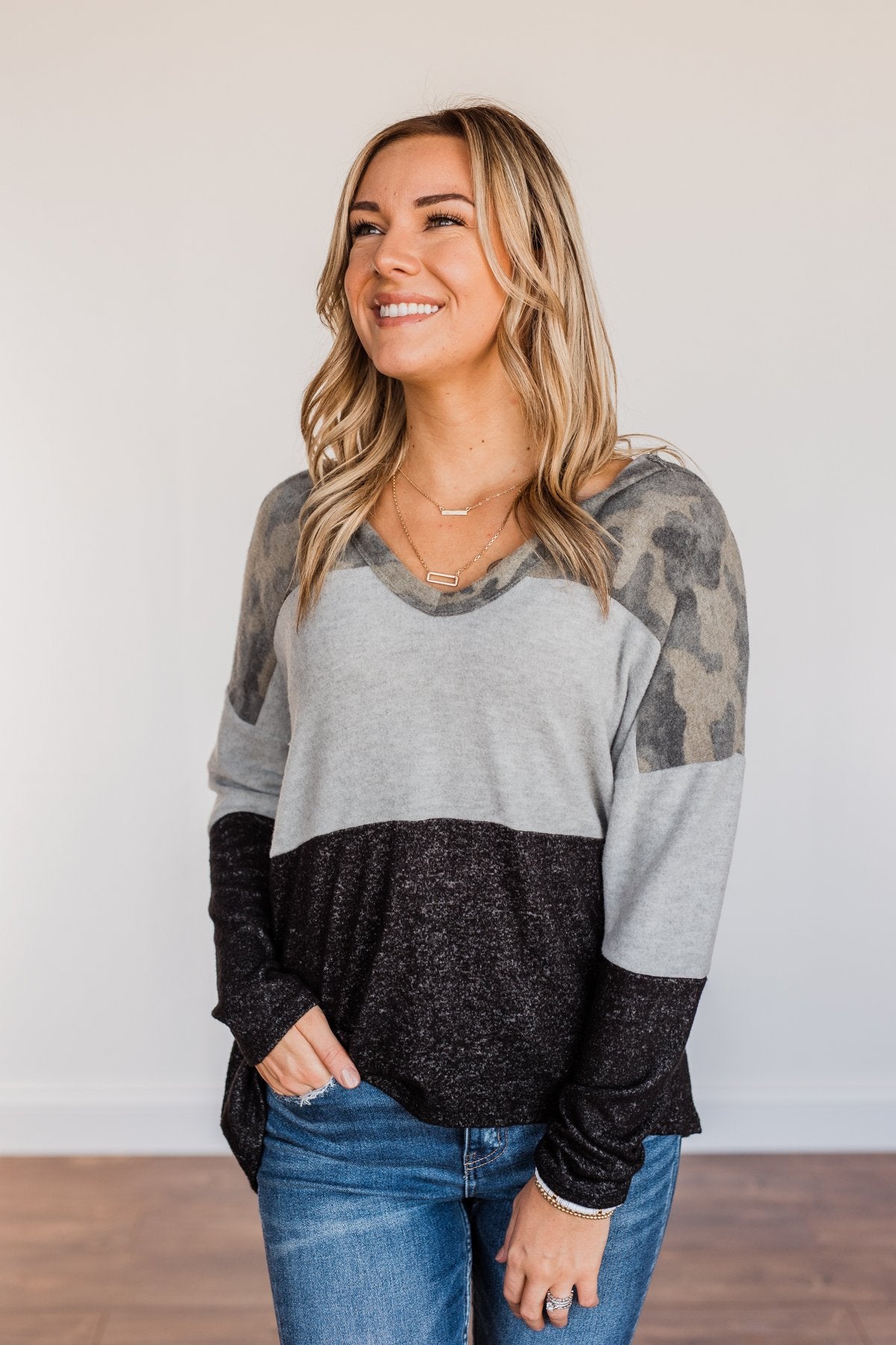 Keep Them Guessing Color Block Hoodie- Grey, Black, & Camo
