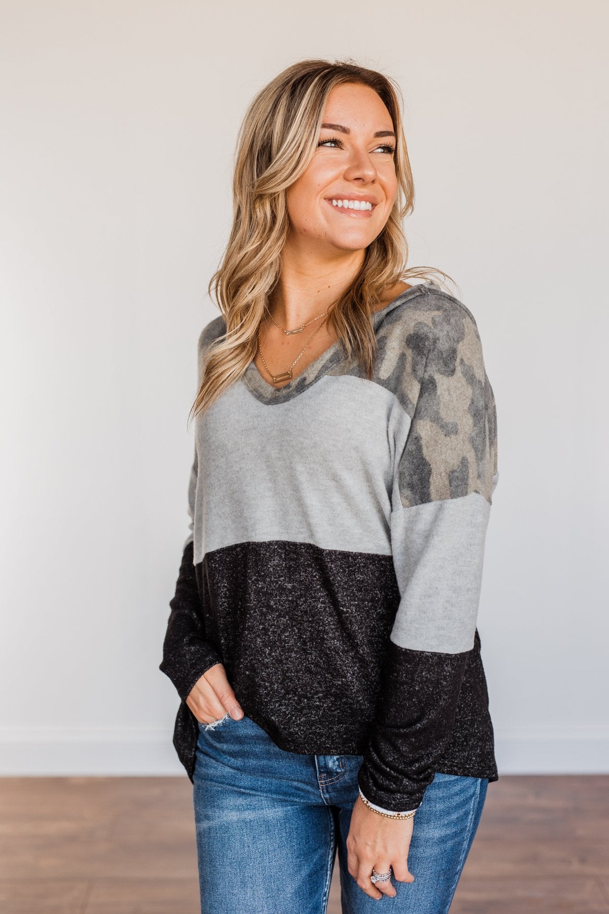 Keep Them Guessing Color Block Hoodie- Grey, Black, & Camo