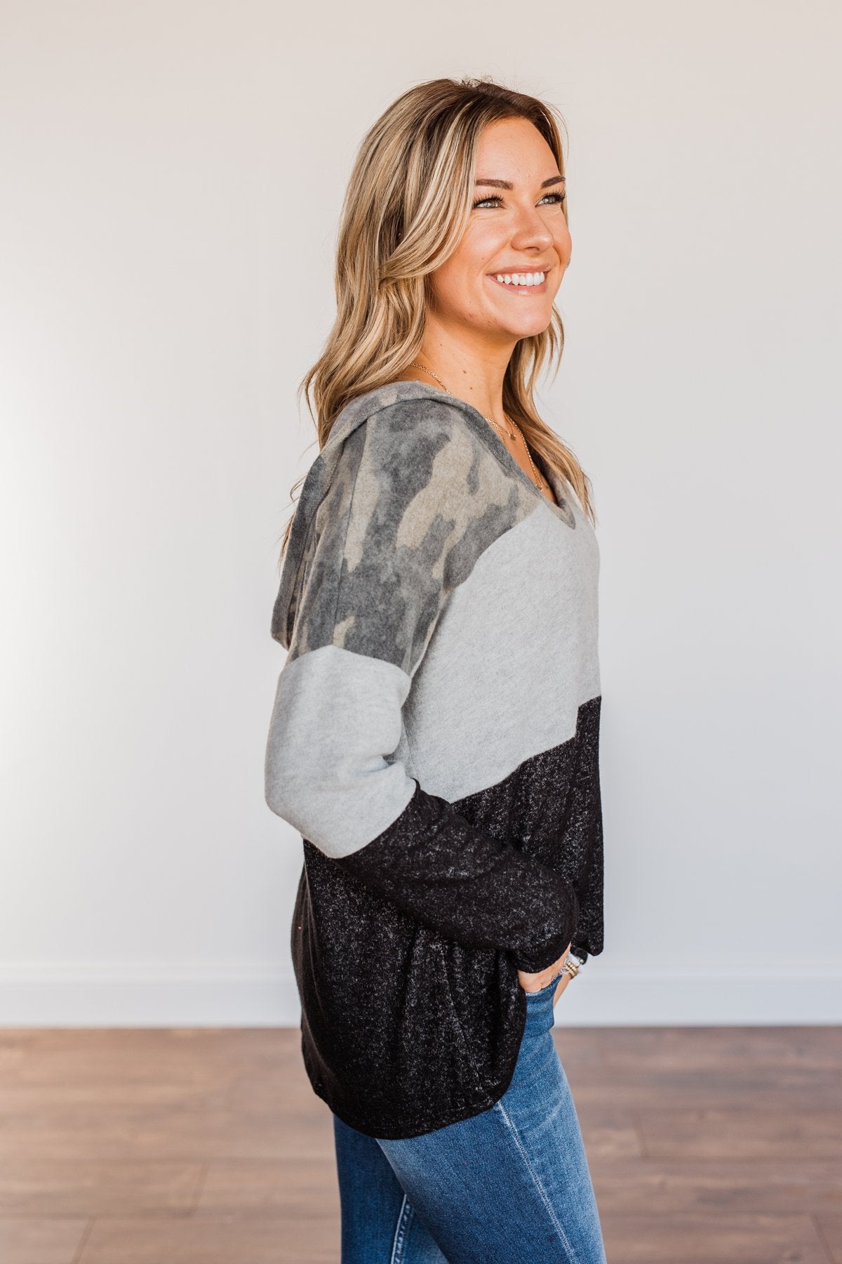 Keep Them Guessing Color Block Hoodie- Grey, Black, & Camo
