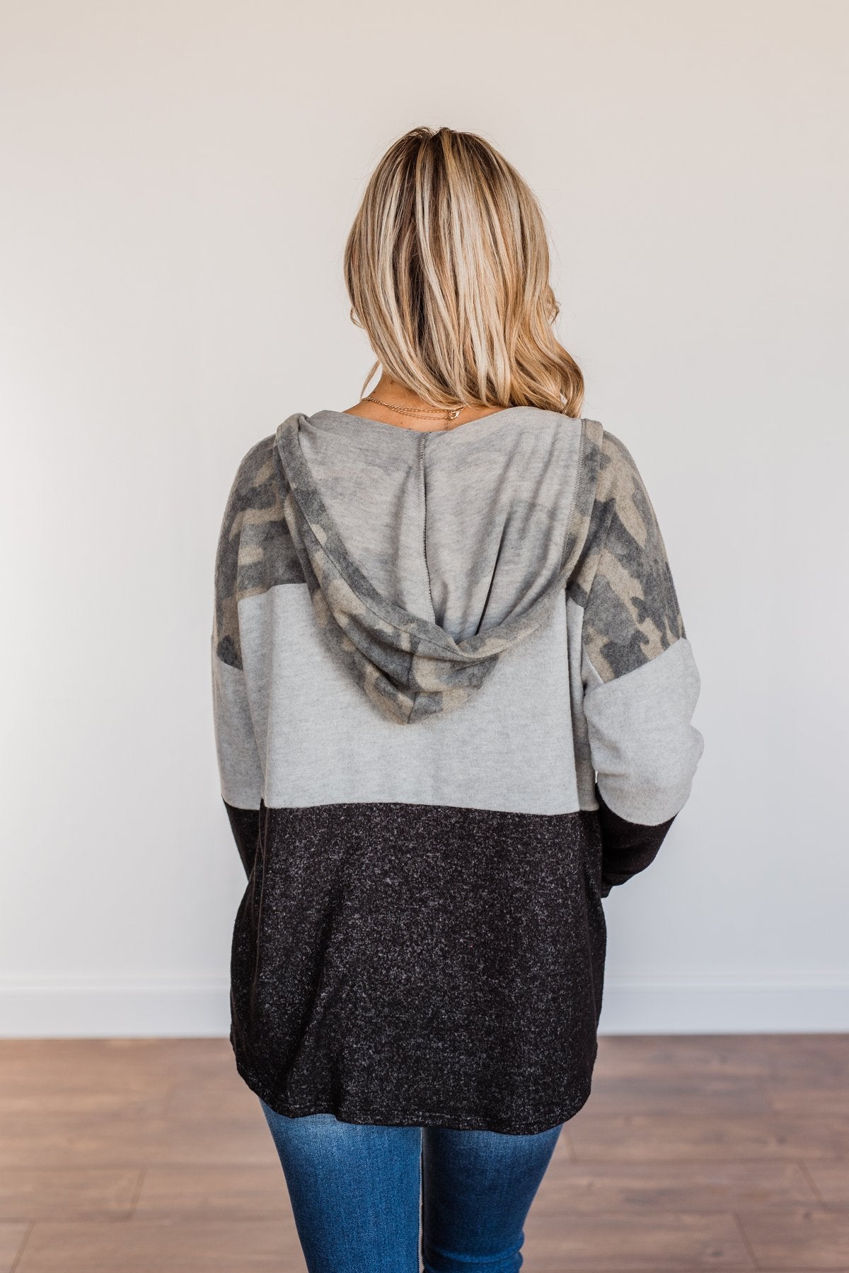 Keep Them Guessing Color Block Hoodie- Grey, Black, & Camo