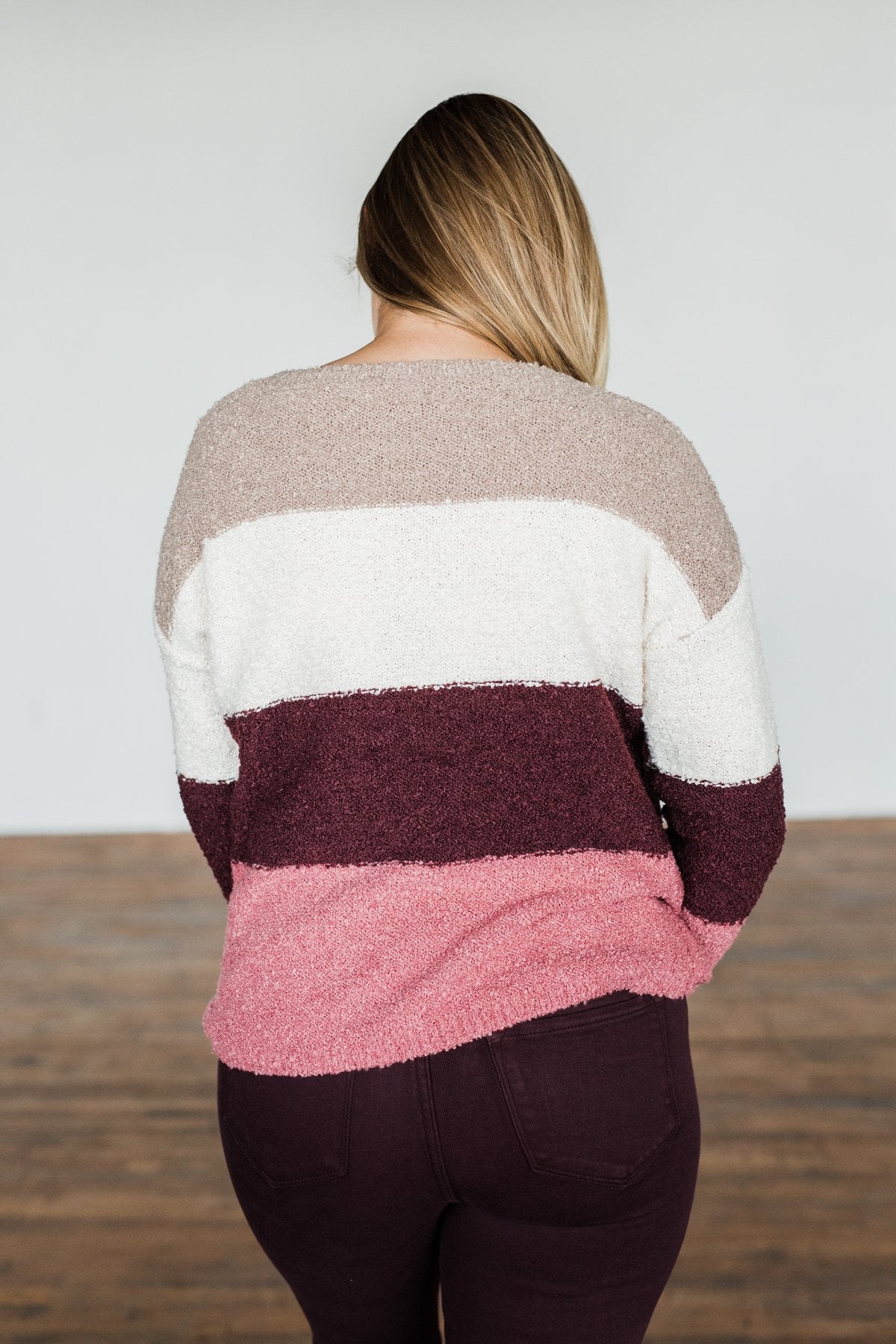 Dear To My Heart Color Block Sweater- Taupe, Ivory, Burgundy, Mauve
