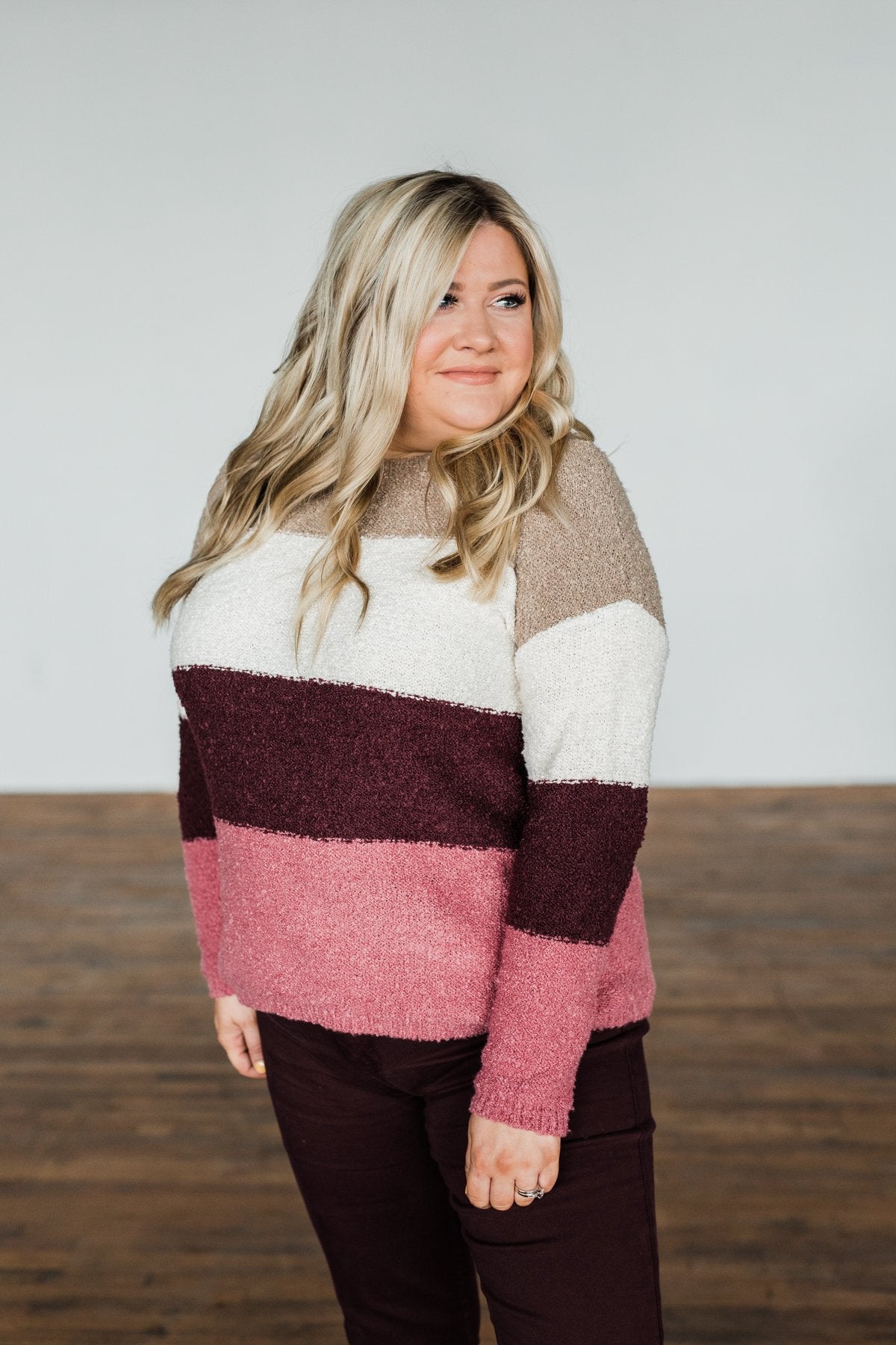 Dear To My Heart Color Block Sweater- Taupe, Ivory, Burgundy, Mauve