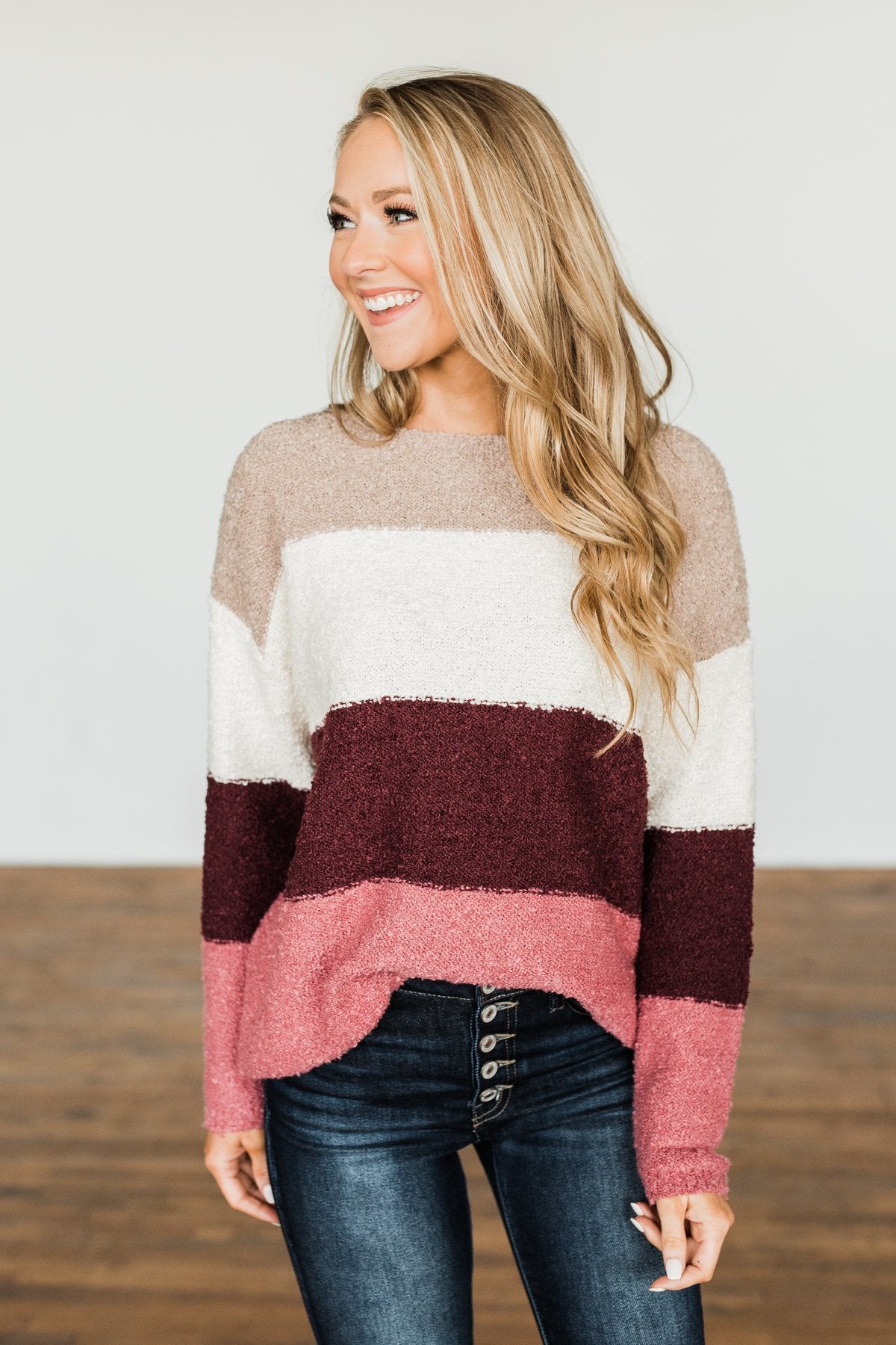 Dear To My Heart Color Block Sweater- Taupe, Ivory, Burgundy, Mauve