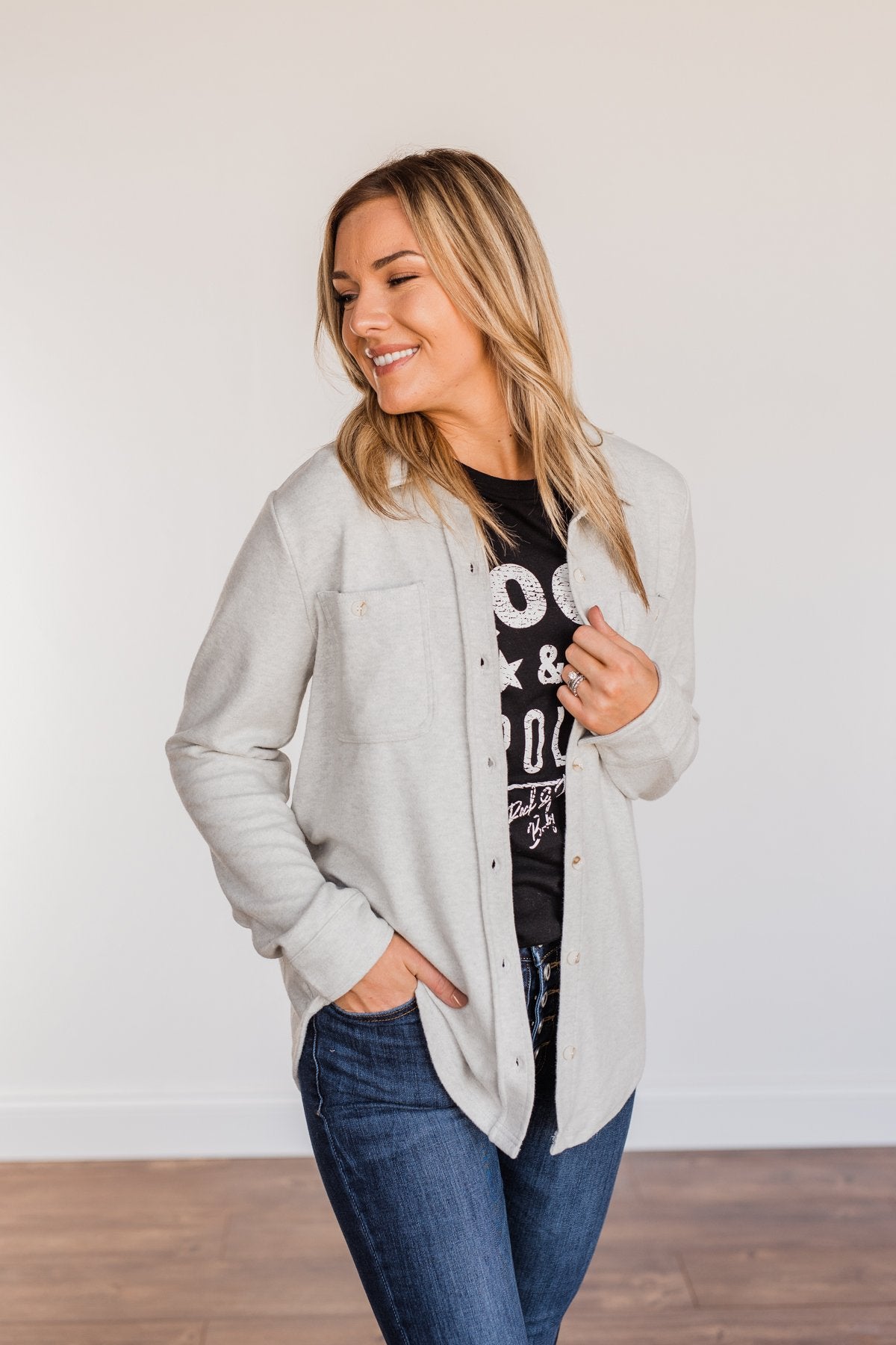 Thread & Supply Free Falling Lightweight Button Down Jacket- Light Grey