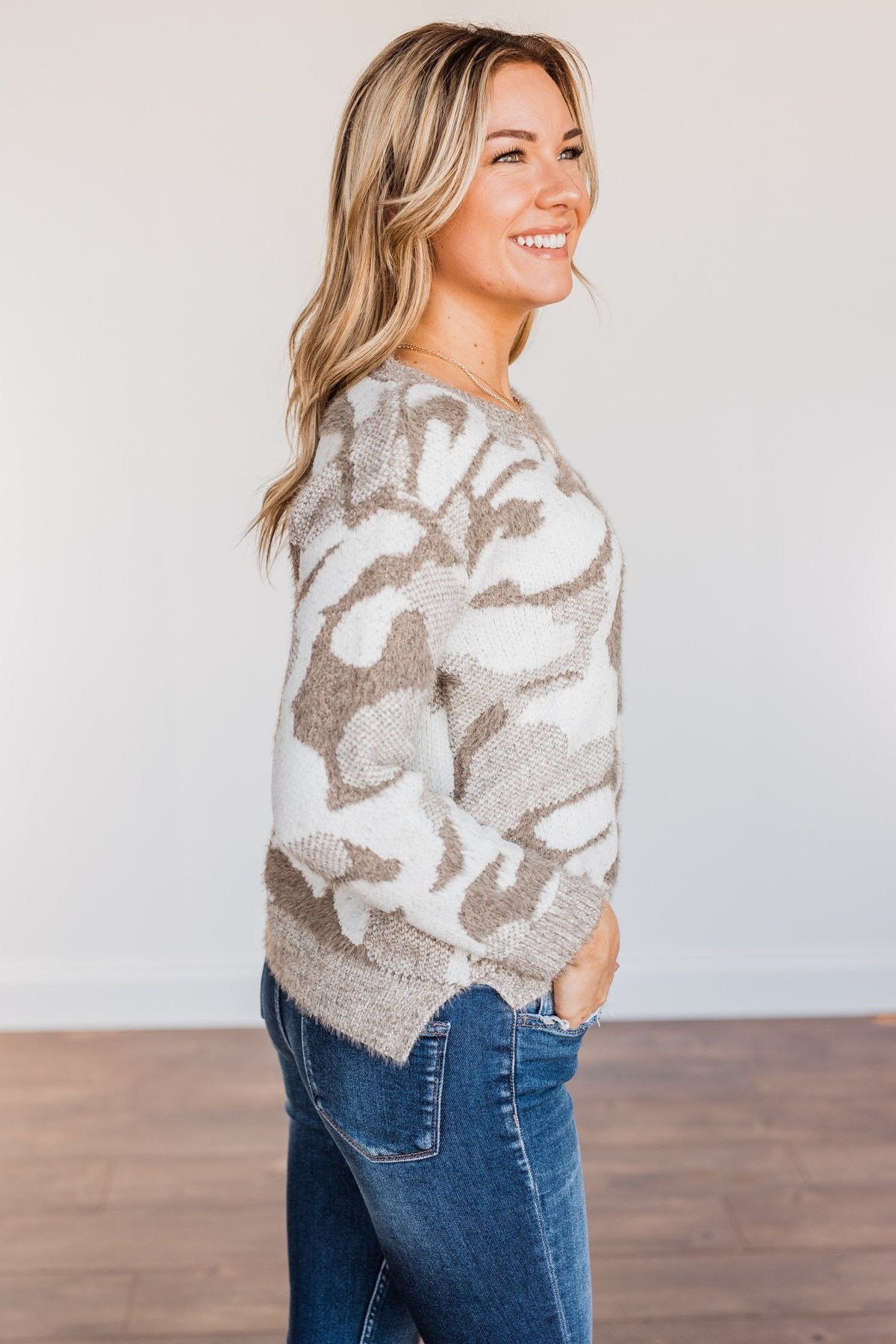 Easy Mornings Thick Knit Camo Sweater- Mocha & Ivory